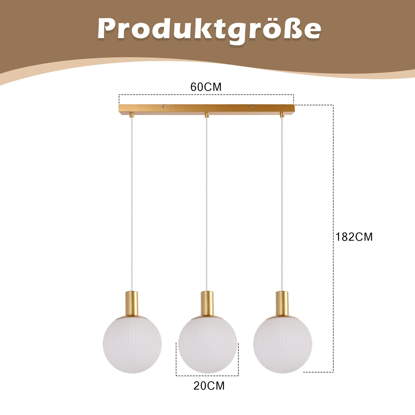 Drei Pendelleuchten mit weißen Kugeln, Abmessungen beschriftet.