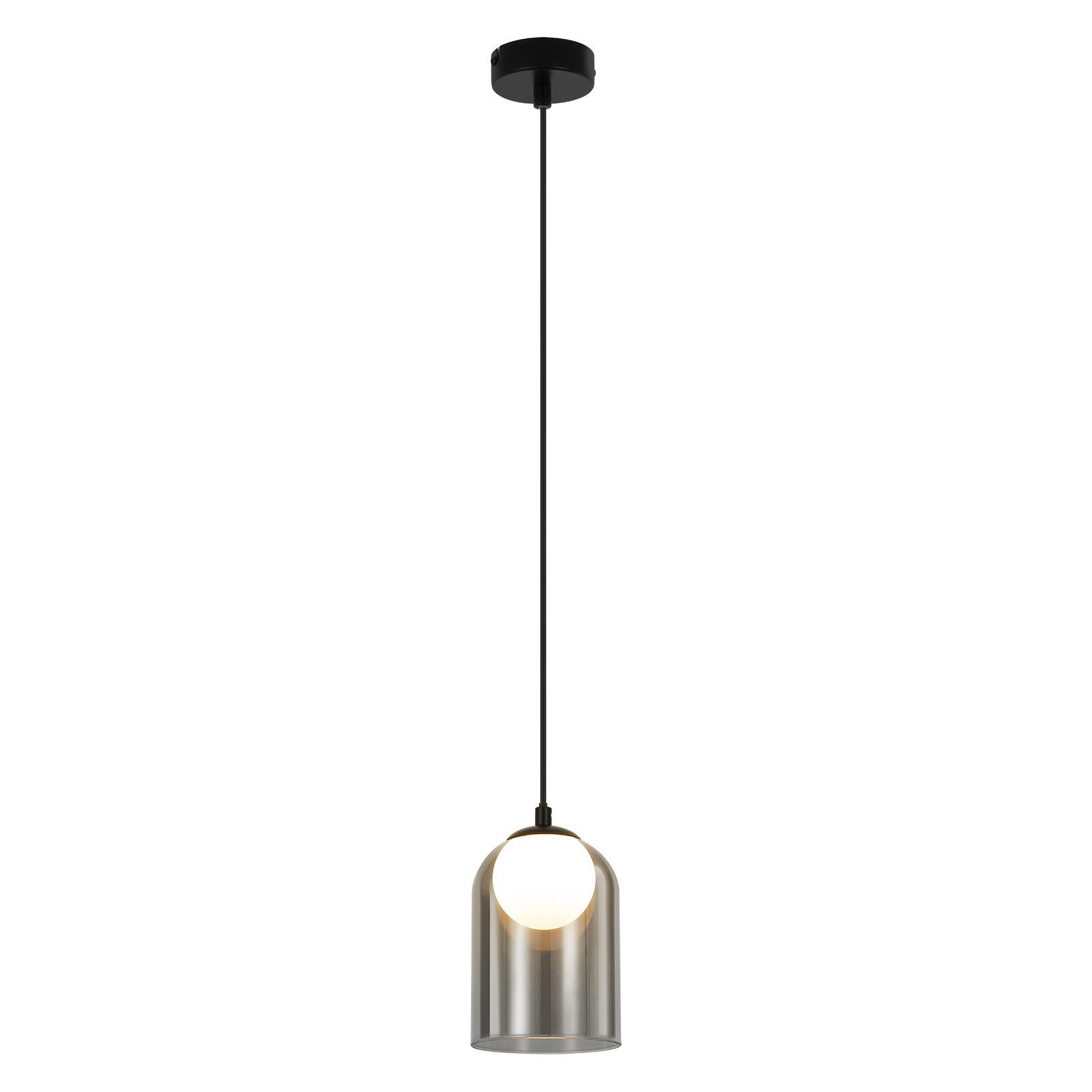 Lampa wisząca z srebrnym, cylindrycznym kloszem i białą żarówką kulistą. Czarne mocowanie sufitowe i przewód.