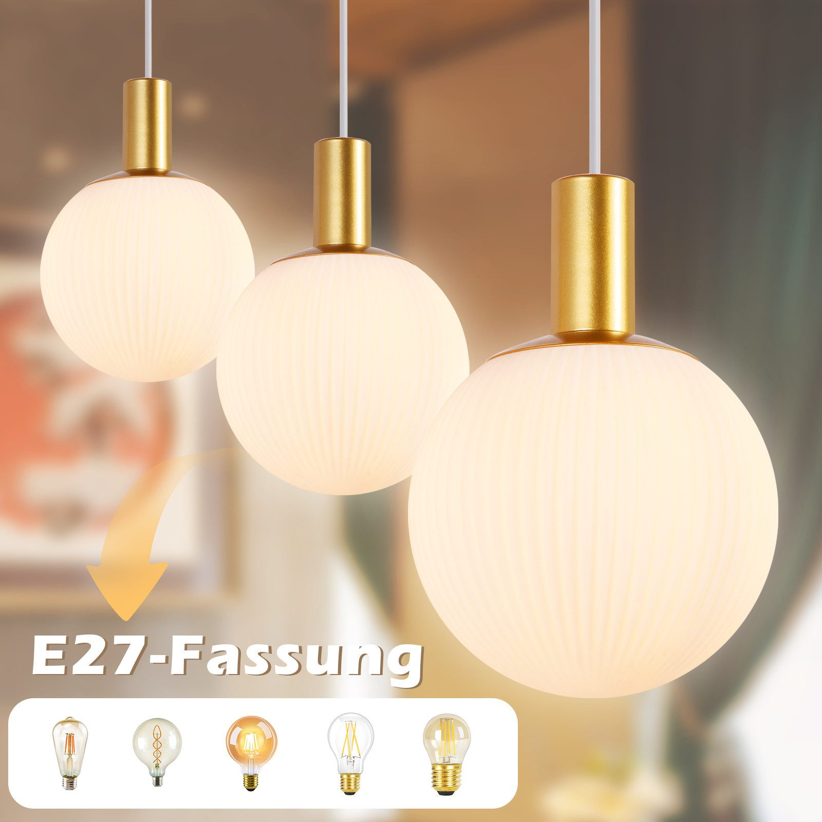 Drei Pendelleuchten mit goldenen Armaturen und weißen Globus-Schirmen. E27-Fassung Text unten mit Leuchtmitteloptionen.