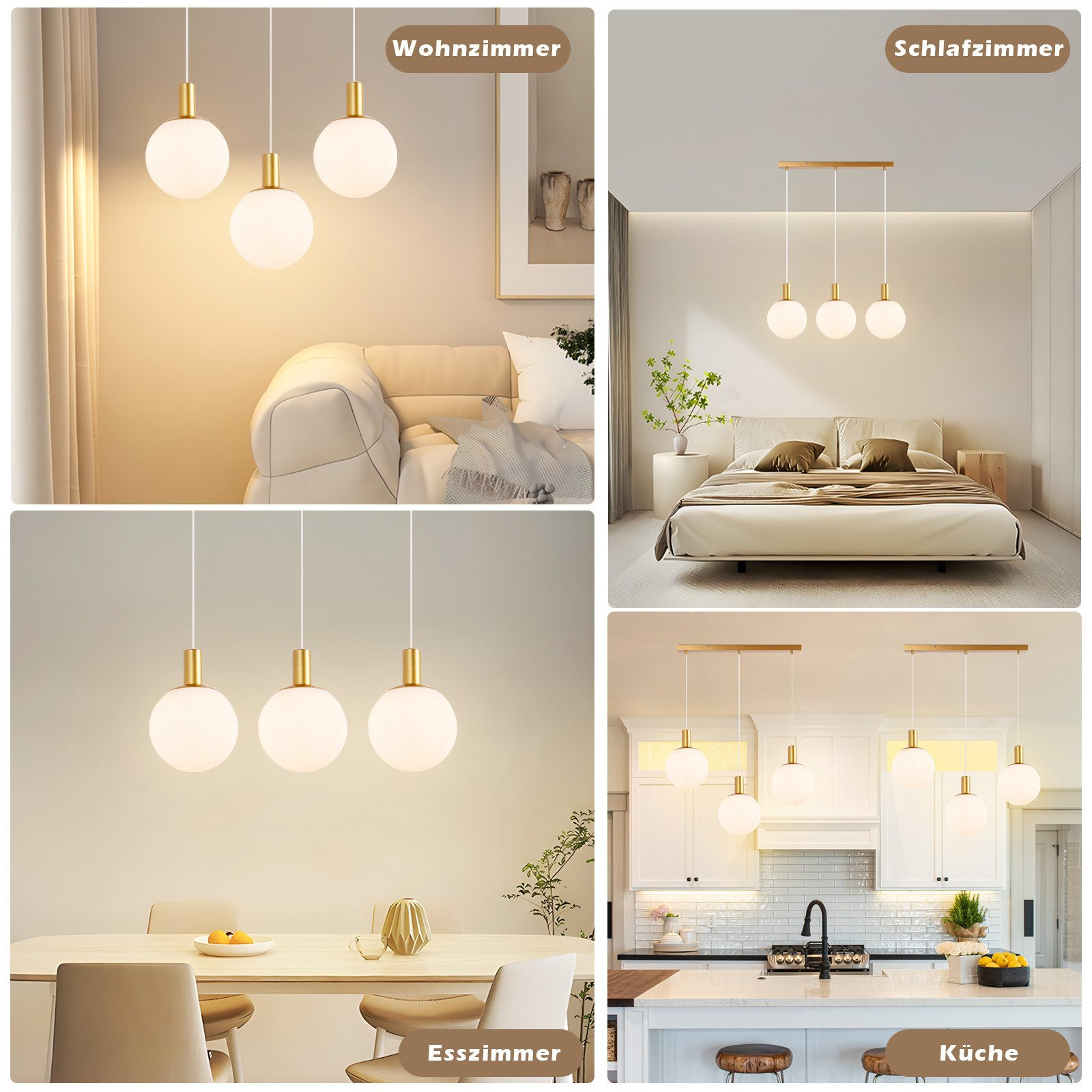 Vier Bilder von kugelförmigen Pendelleuchten in verschiedenen Räumen: Wohnzimmer, Schlafzimmer, Esszimmer und Küche.
