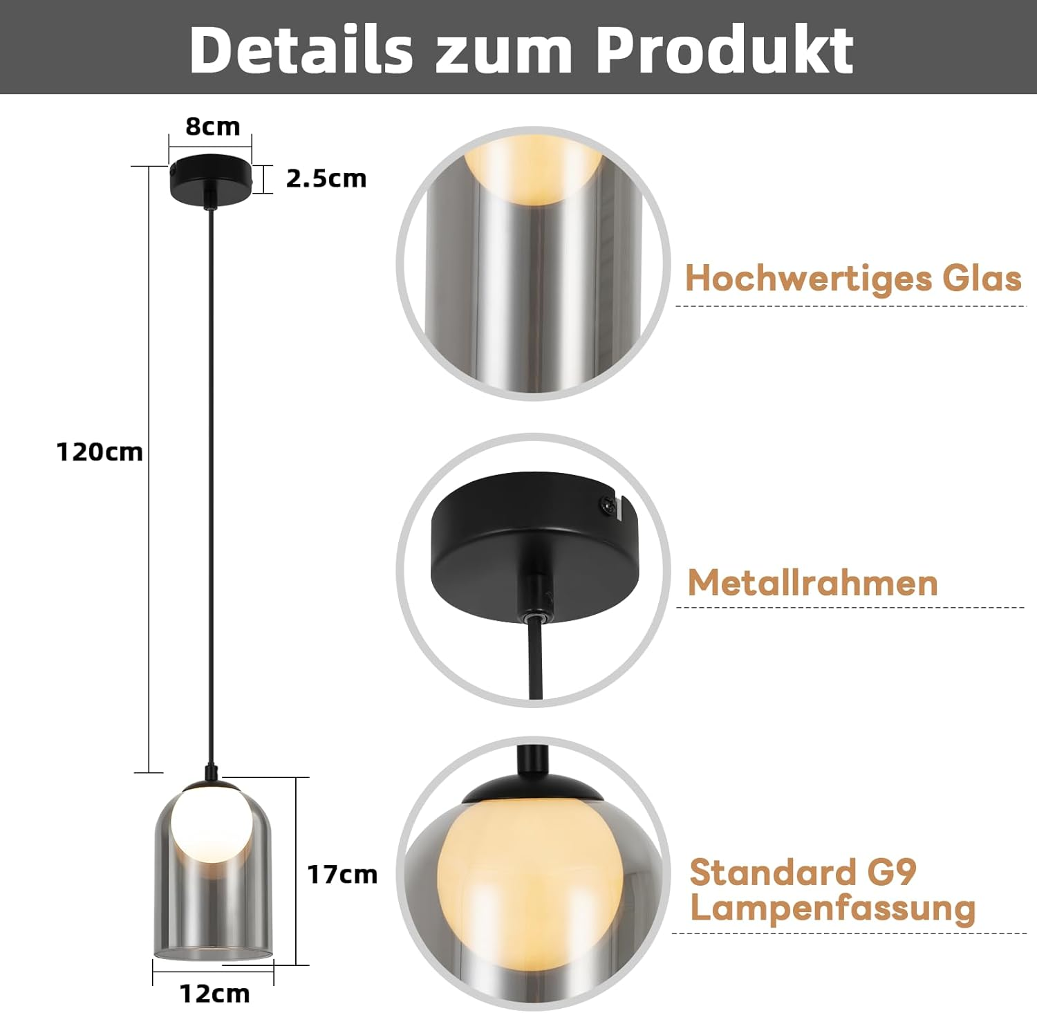 Lampa wisząca z białą kulą i czarną ramą, ze szczegółowymi wymiarami.
