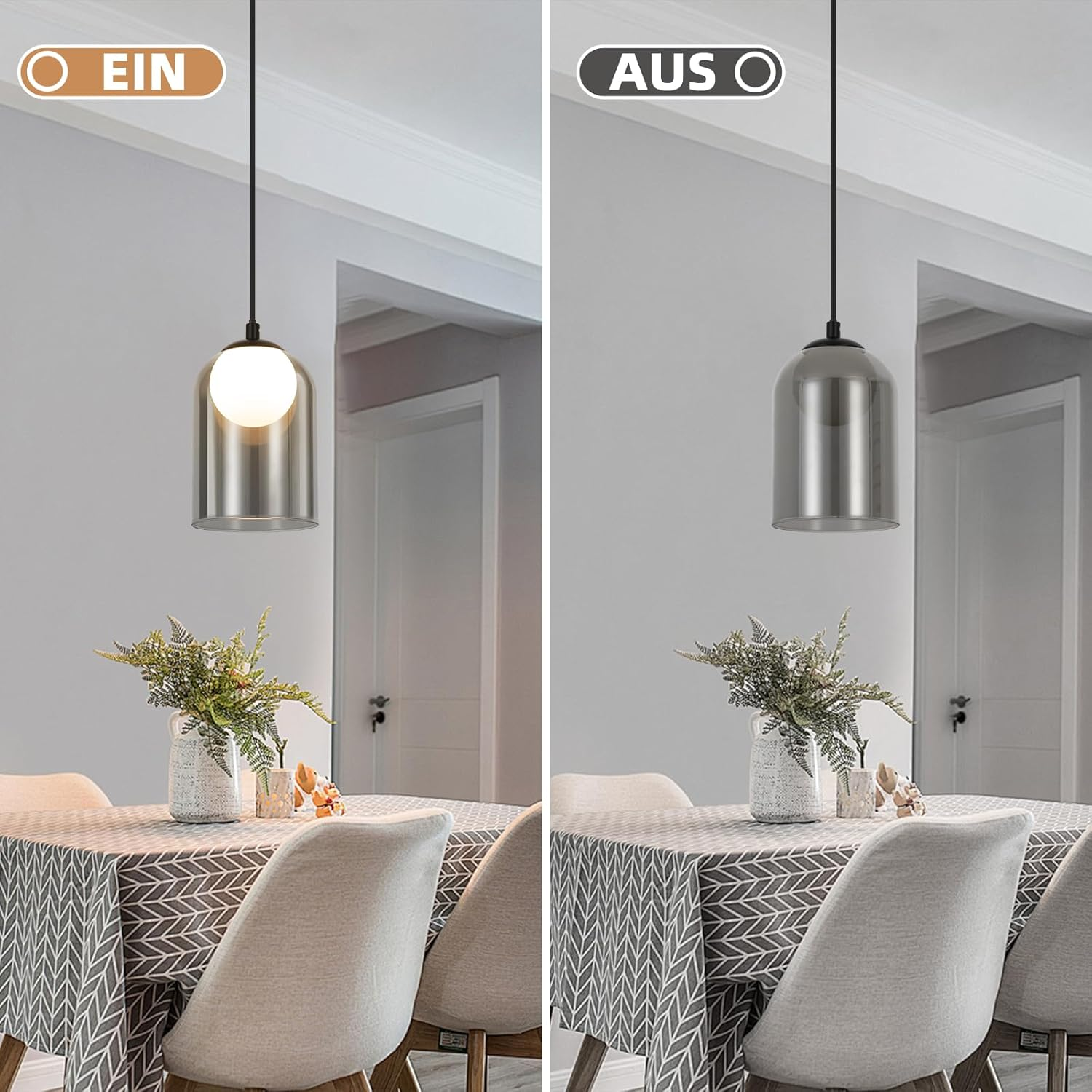 Lampa wisząca, jedna włączona, druga wyłączona. Włączona ma białe światło, wyłączona jest ciemna.