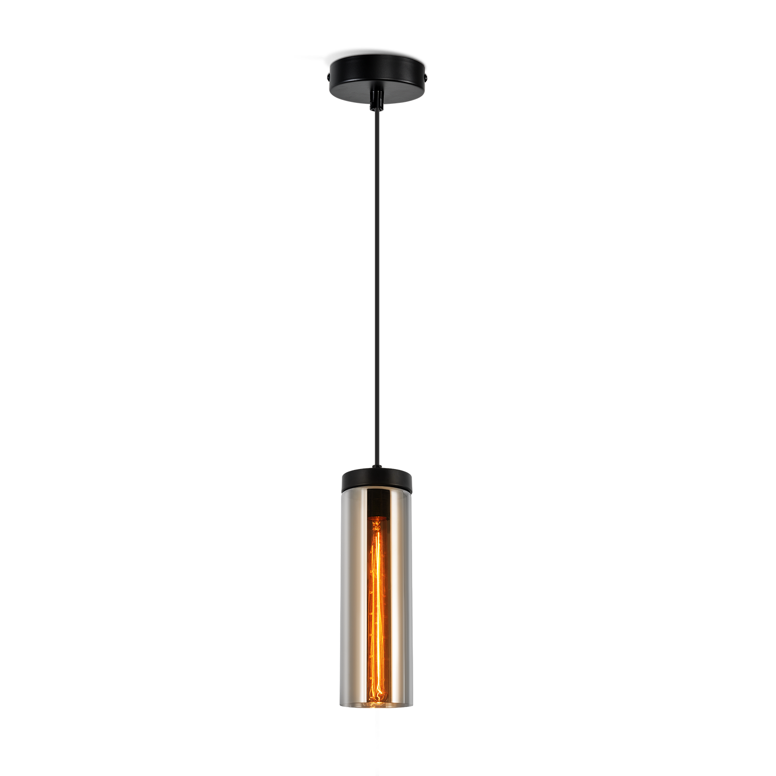 Una lampada a sospensione con un cilindro argentato e una lampadina all'interno, su sfondo bianco.