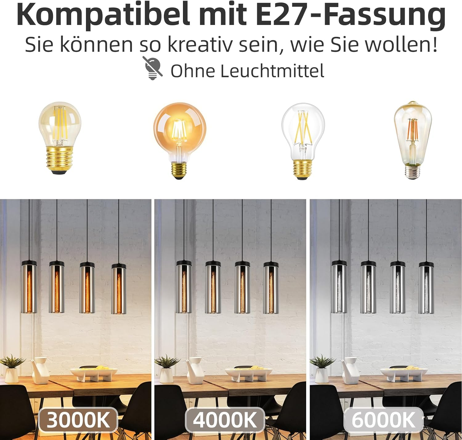 Verschiedene Glühbirnen, die Hängevorrichtungen bei unterschiedlichen Farbtemperaturen beleuchten: 3000K, 4000K, 6000K.