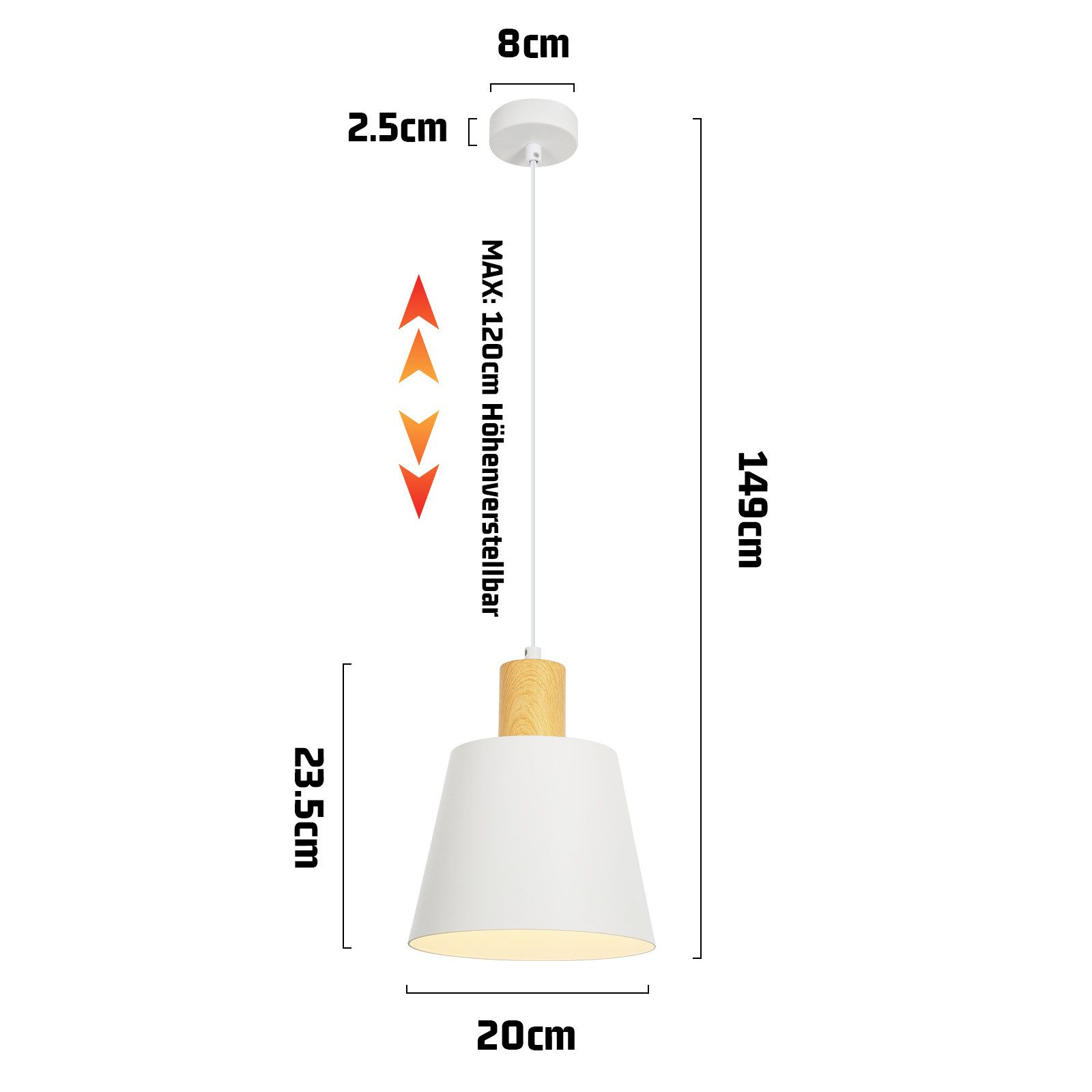 Lampada a sospensione bianca e legno con dimensioni etichettate.