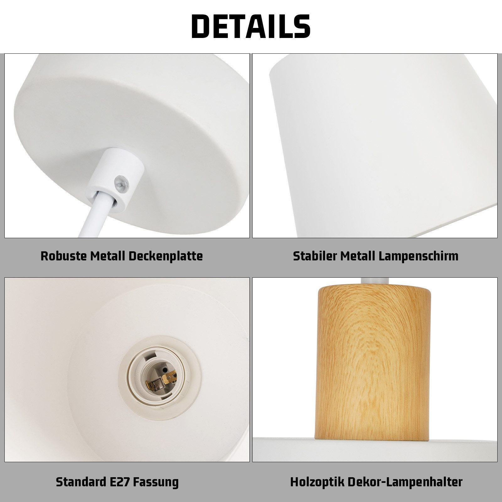 Quattro immagini delle parti di una lampada bianca: piastra a soffitto, paralume, portalampada e base in legno.