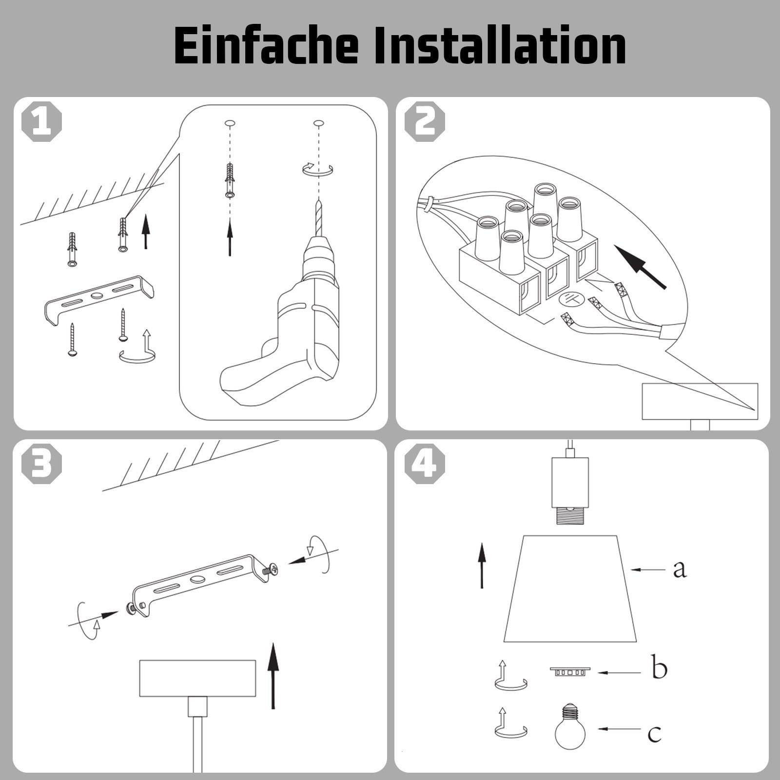 Guía de instalación con diagramas: soporte de montaje, cableado y montaje de lámpara con vista cenital.