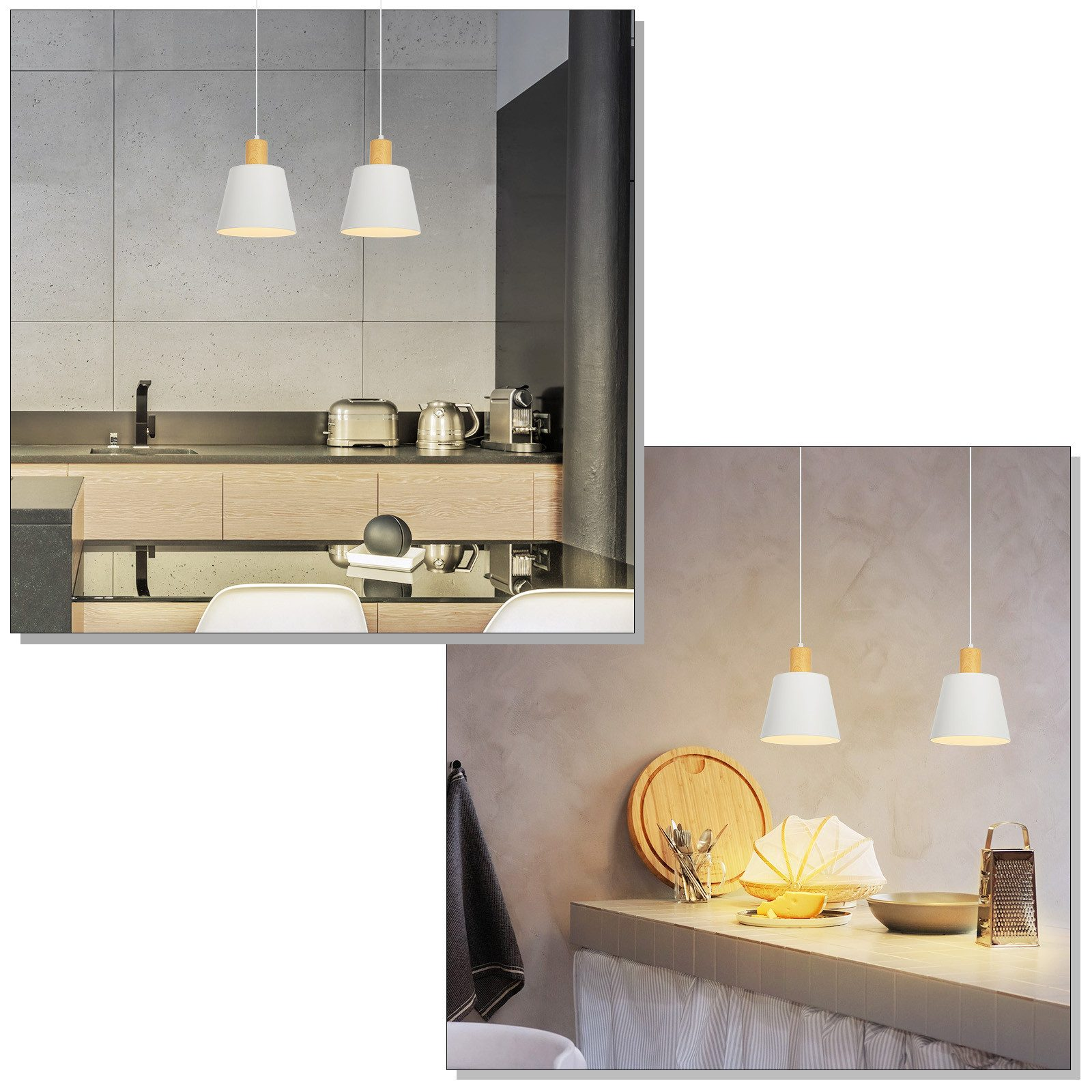 Dos lámparas colgantes en escena de cocina con decoración.