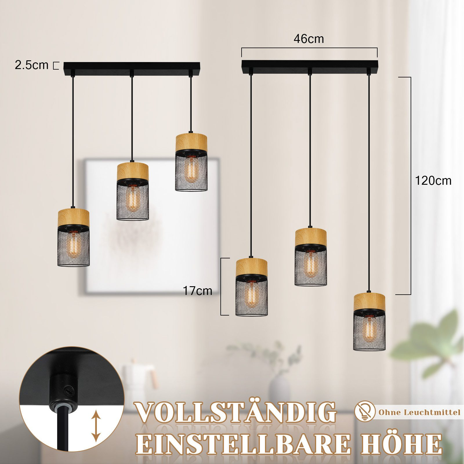 Immagini multiple di lampade a sospensione con altezze regolabili. Vengono mostrate le dimensioni.