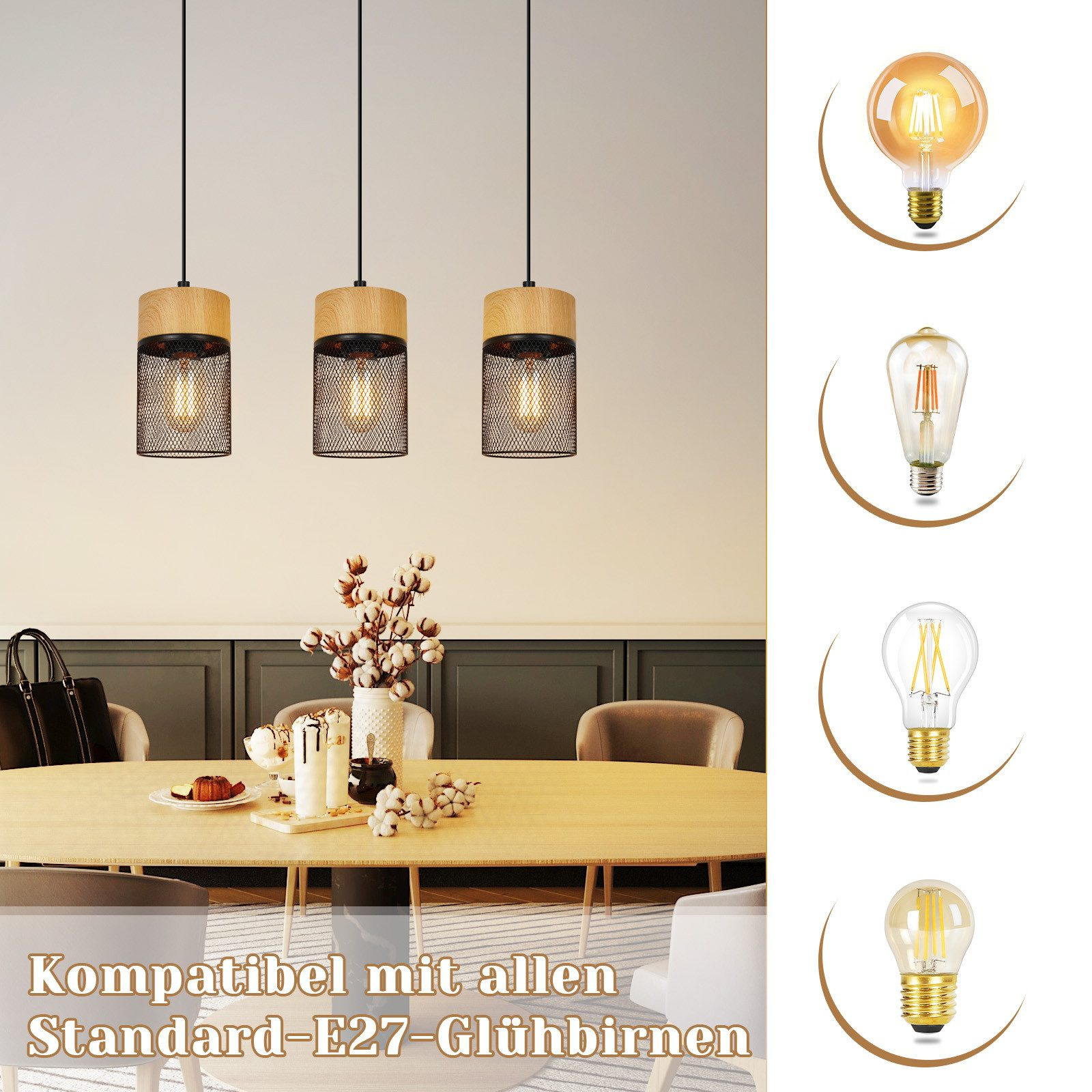 Tre lampade a sospensione con top in legno, varie lampadine mostrate e testo.