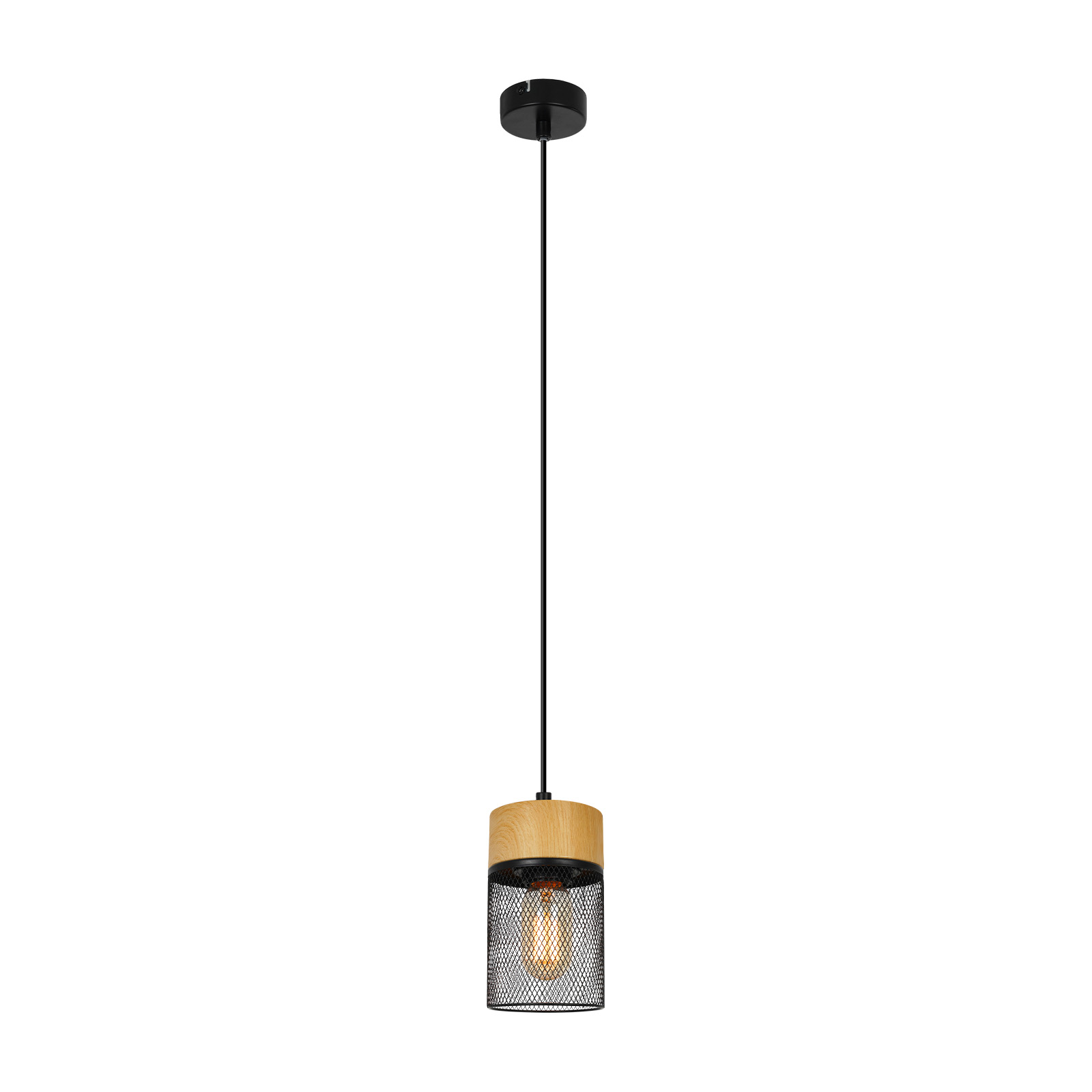 Czarna lampa wisząca z drewnianym elementem i metalową siatką. Widoczna żarówka w środku.