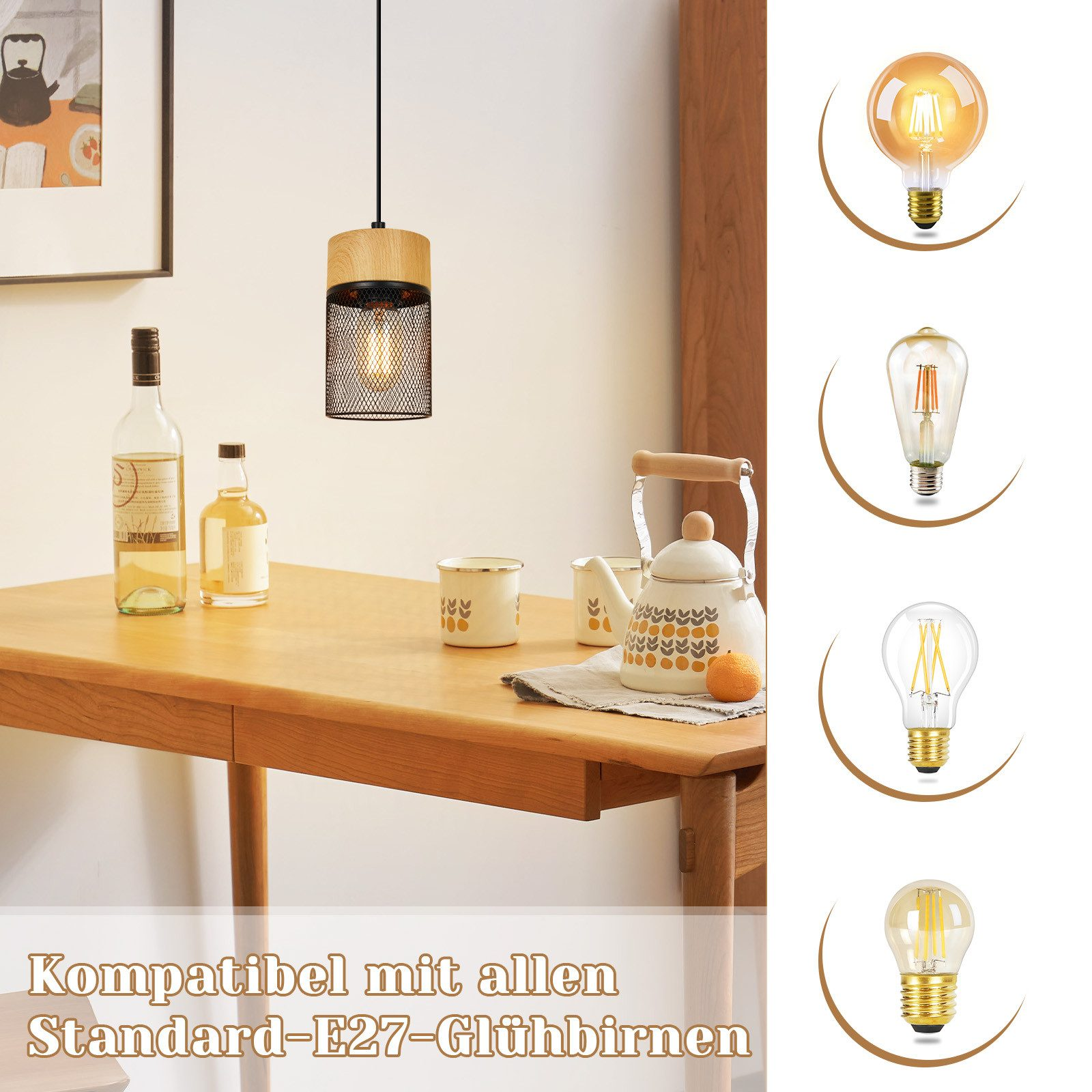 Una lampada a sospensione sopra un tavolo con bottiglie di vino ed esempi di lampadine a destra.