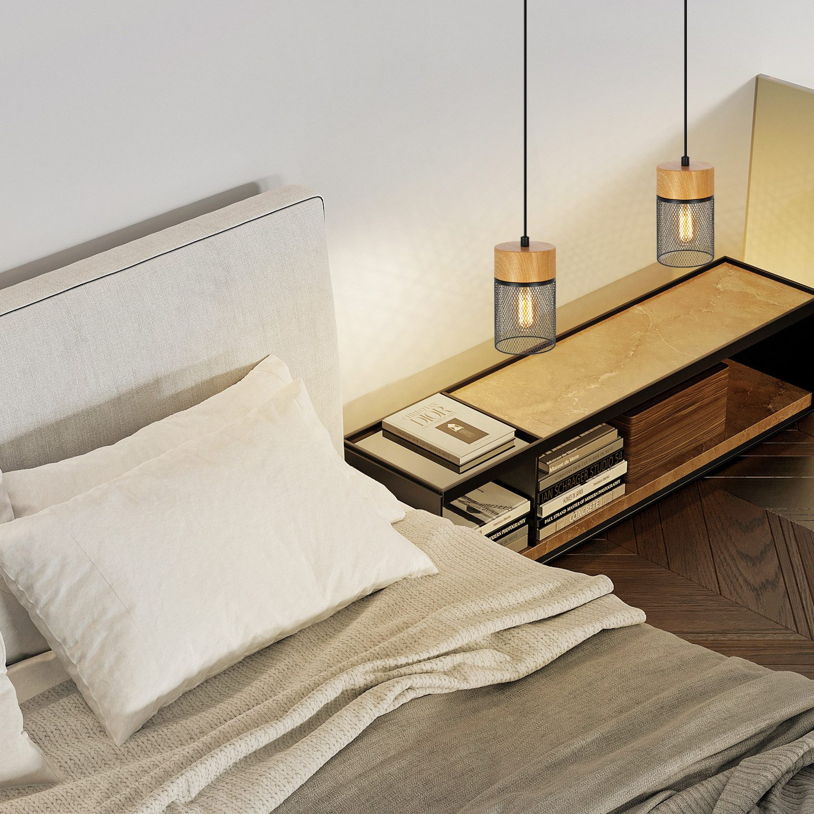 Scena della camera da letto. Letto con cuscini bianchi e coperta. Due lampade a sospensione e mensola in legno.