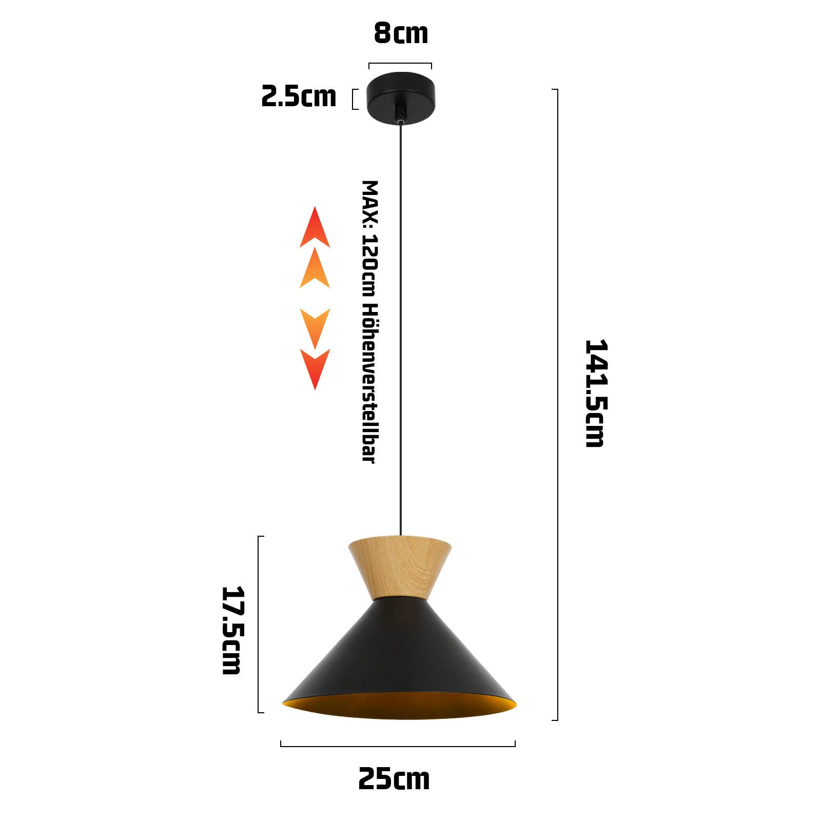 Czarna i drewniana lampa wisząca z wymiarami. Wymiary to 25 cm szerokości i 141,5 cm wysokości.