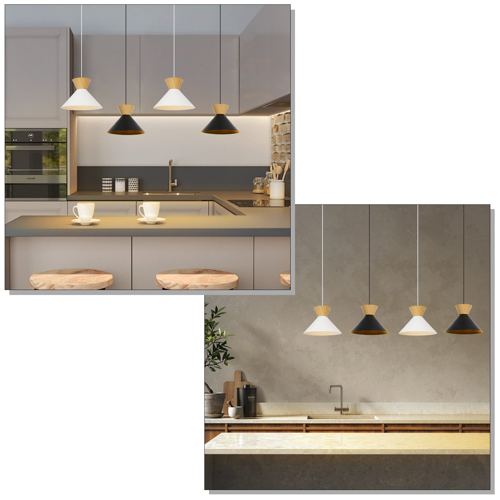 Kuchnia z lampami wiszącymi, drewnianymi i białymi tonacjami, nowoczesny design.