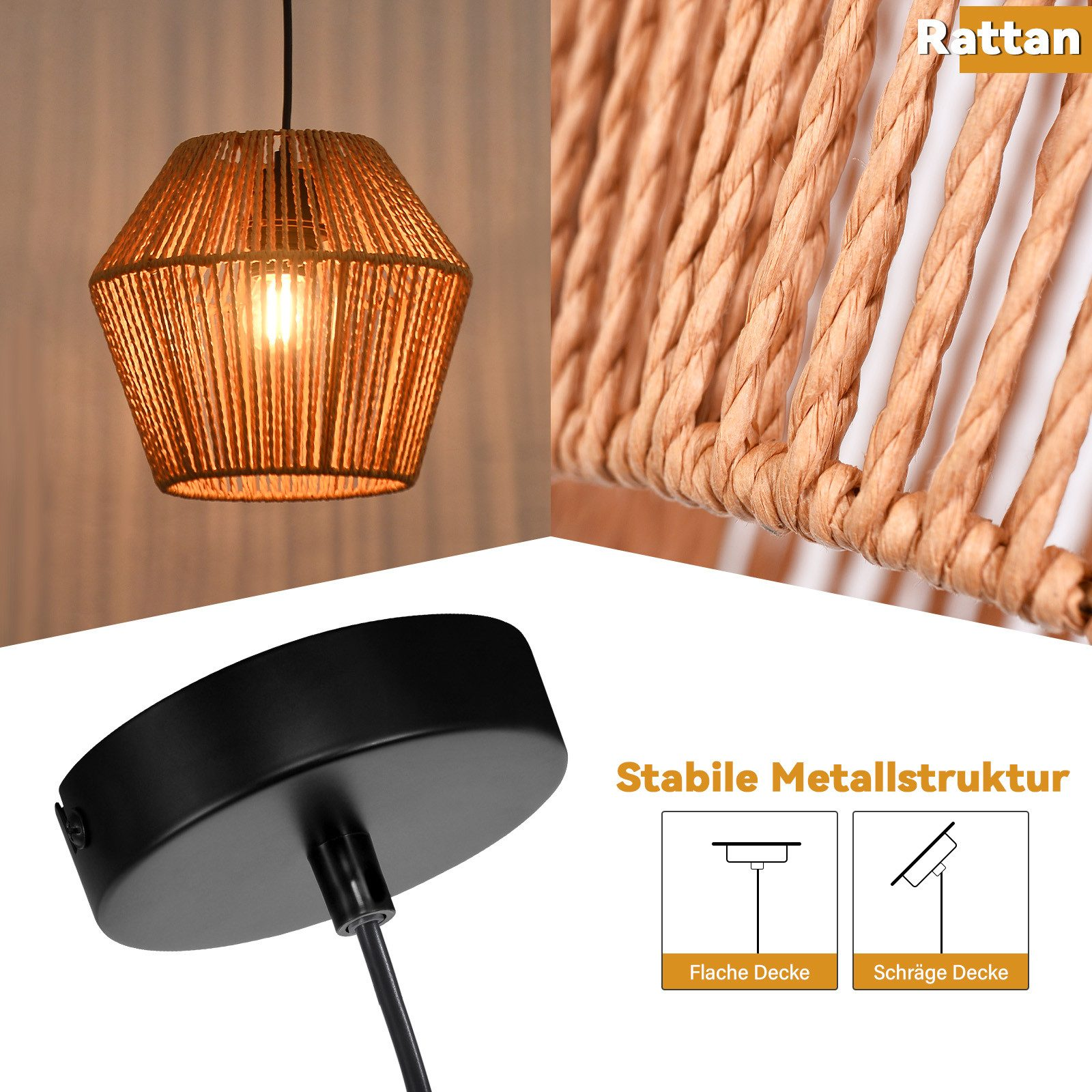 Una lampada a sospensione con paralume intrecciato. C'è anche un primo piano del materiale tessuto.