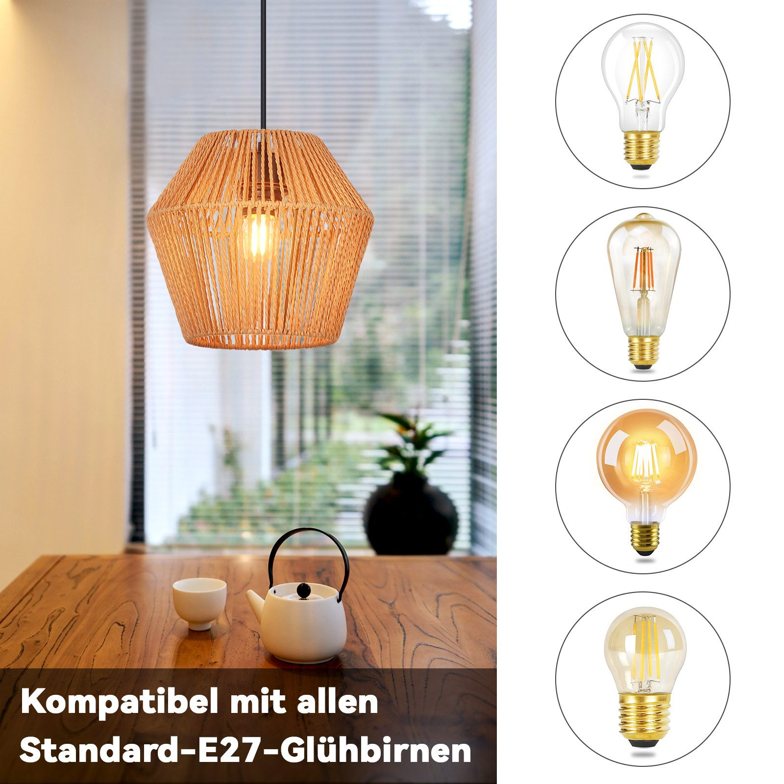 Una lampada a sospensione con paralume intrecciato è appesa sopra un tavolo con un servizio da tè. Varie lampadine.