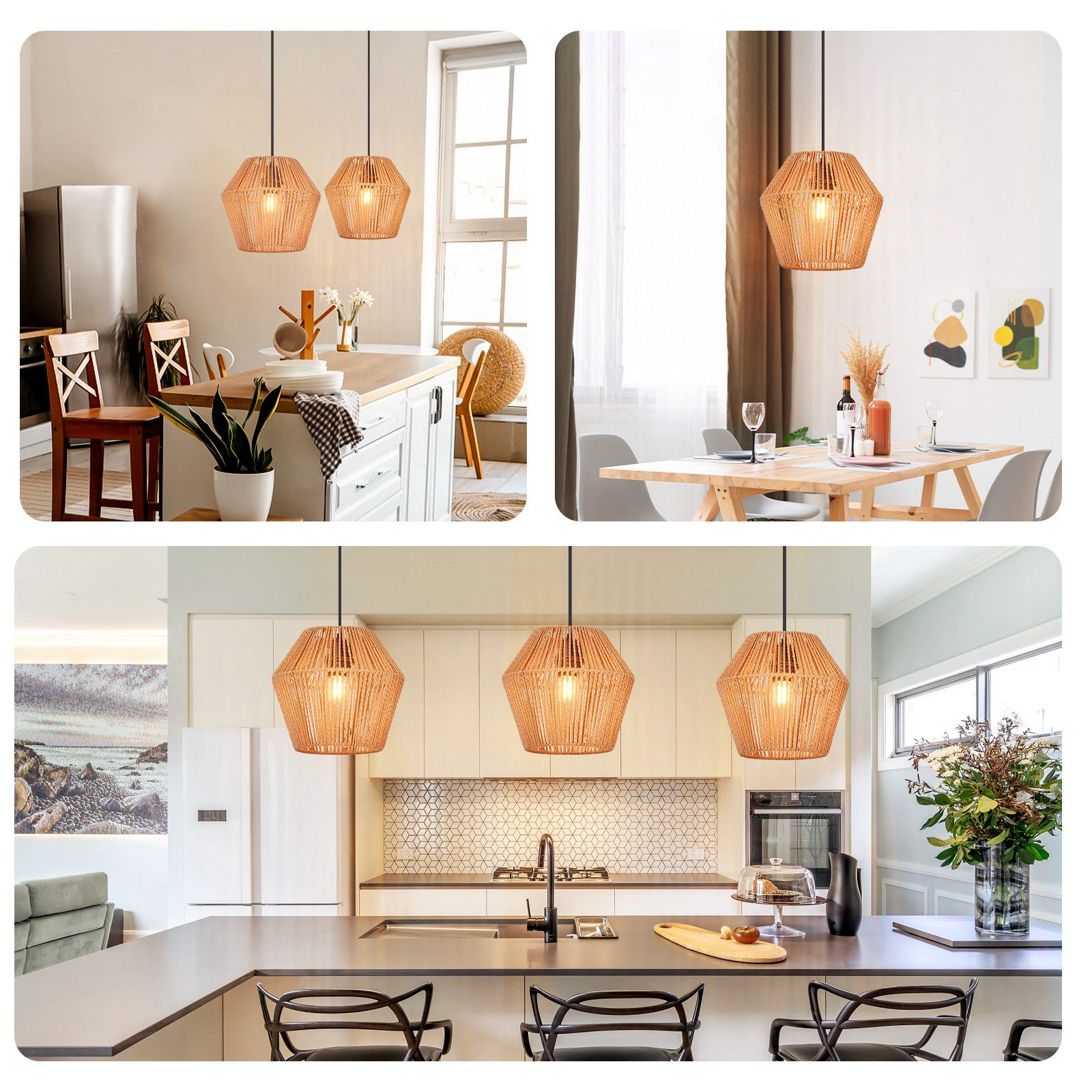 Tre immagini mostrano lampade a sospensione in stanze con diversi design di interni, tutti con toni del legno.