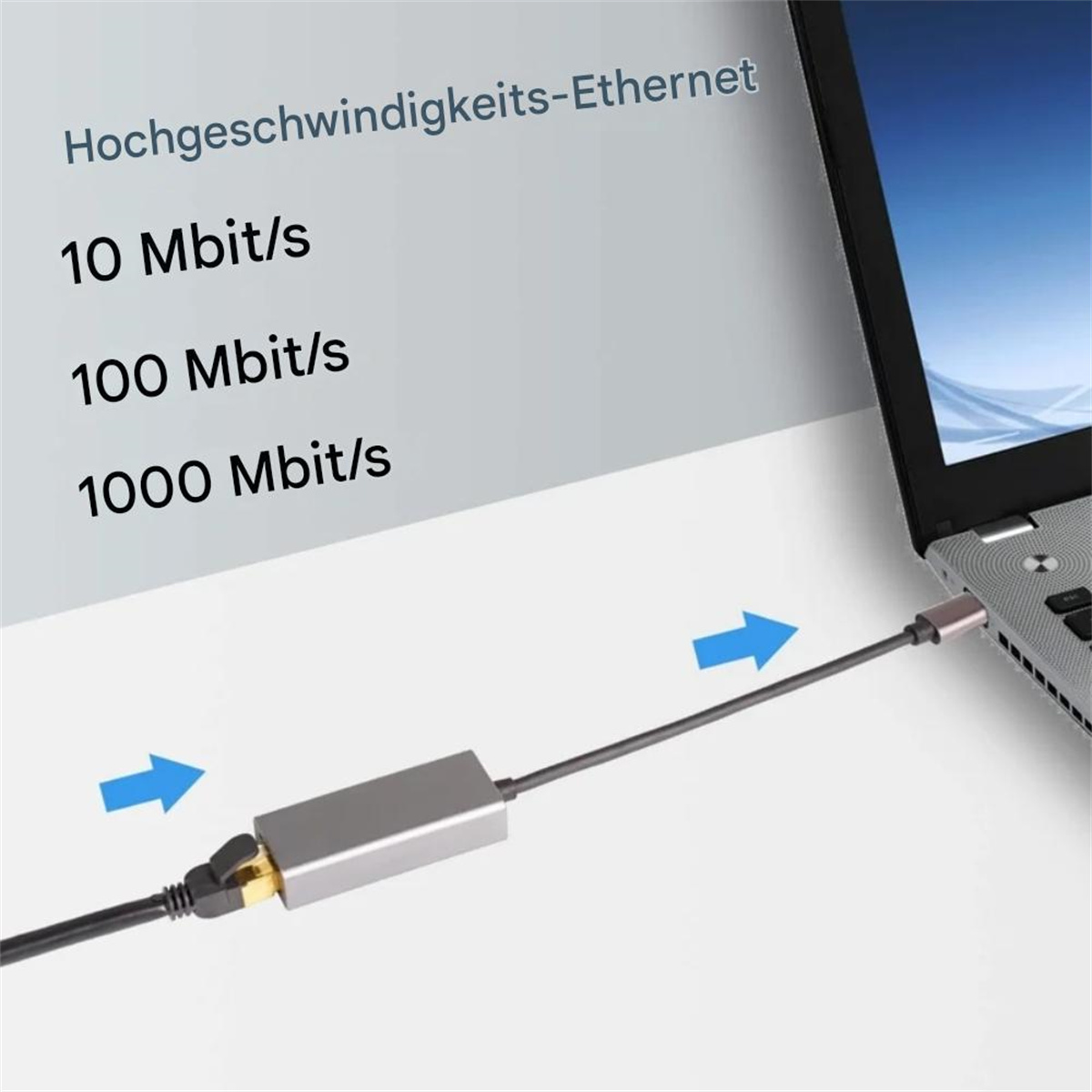 Ein Ethernet-Adapter, der an einen Laptop angeschlossen ist, mit Text, der die unterstützten Geschwindigkeiten anzeigt.