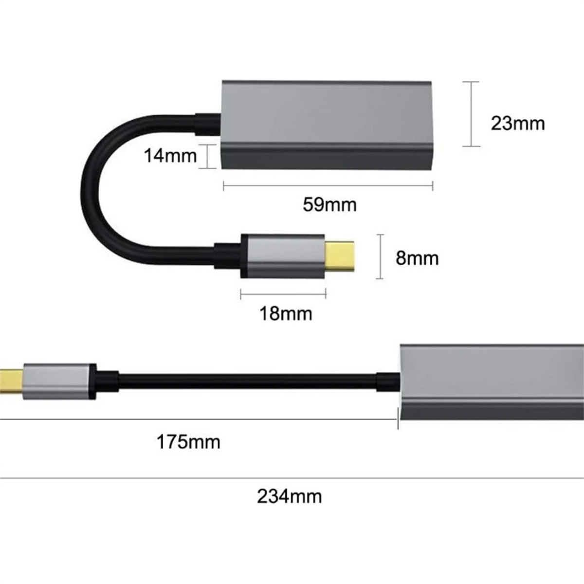 Graues und schwarzes USB-C-Adapterkabel. Abmessungen: 14mm, 18mm, 59mm, 8mm, 23mm, 175mm, 234mm.