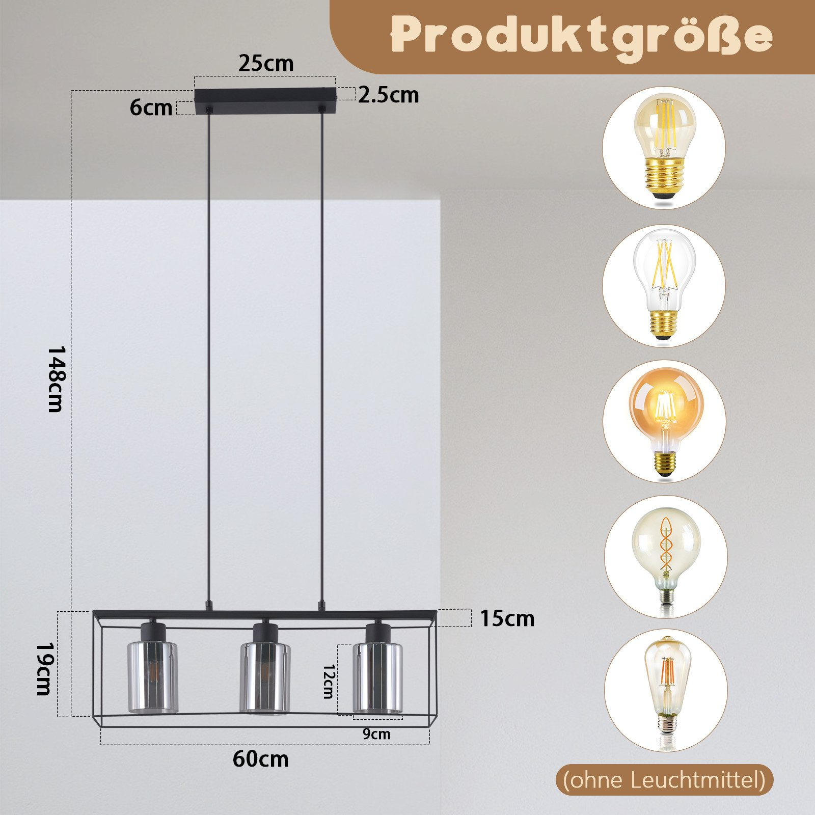 Una lampada a sospensione rettangolare nera con tre paralumi in vetro. Le dimensioni sono indicate. Vengono visualizzate diverse lampadine.
