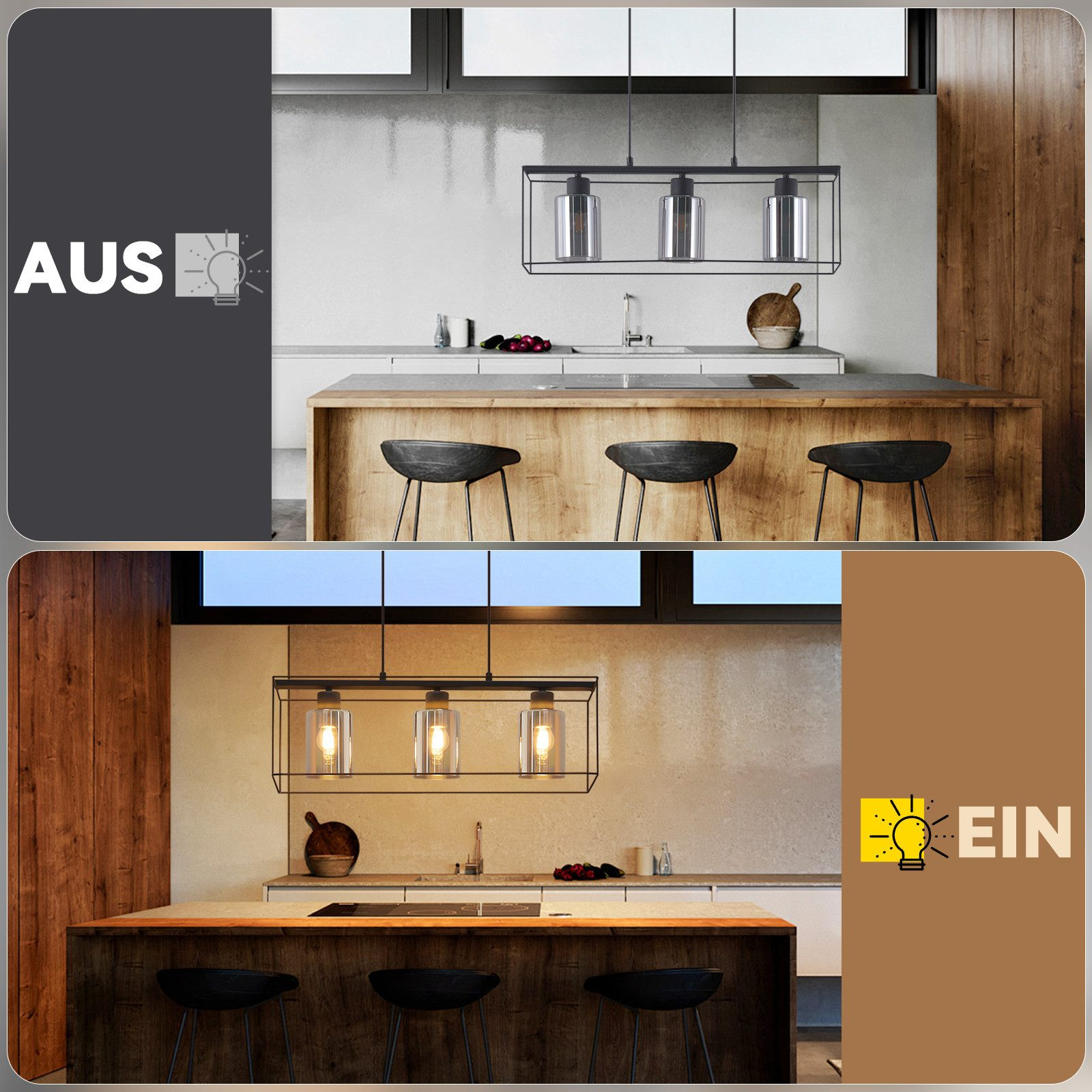 Küche mit Licht an/aus. Oberes Bild: Licht aus, Text 'AUS'. Unteres Bild: Licht an, Text 'EIN'.