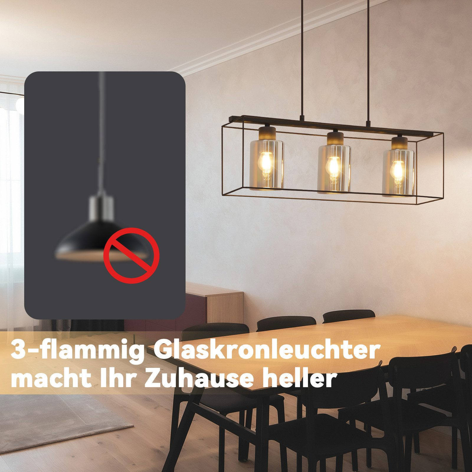 Lampadario moderno sopra un tavolo da pranzo, con cornice nera e tre luci.