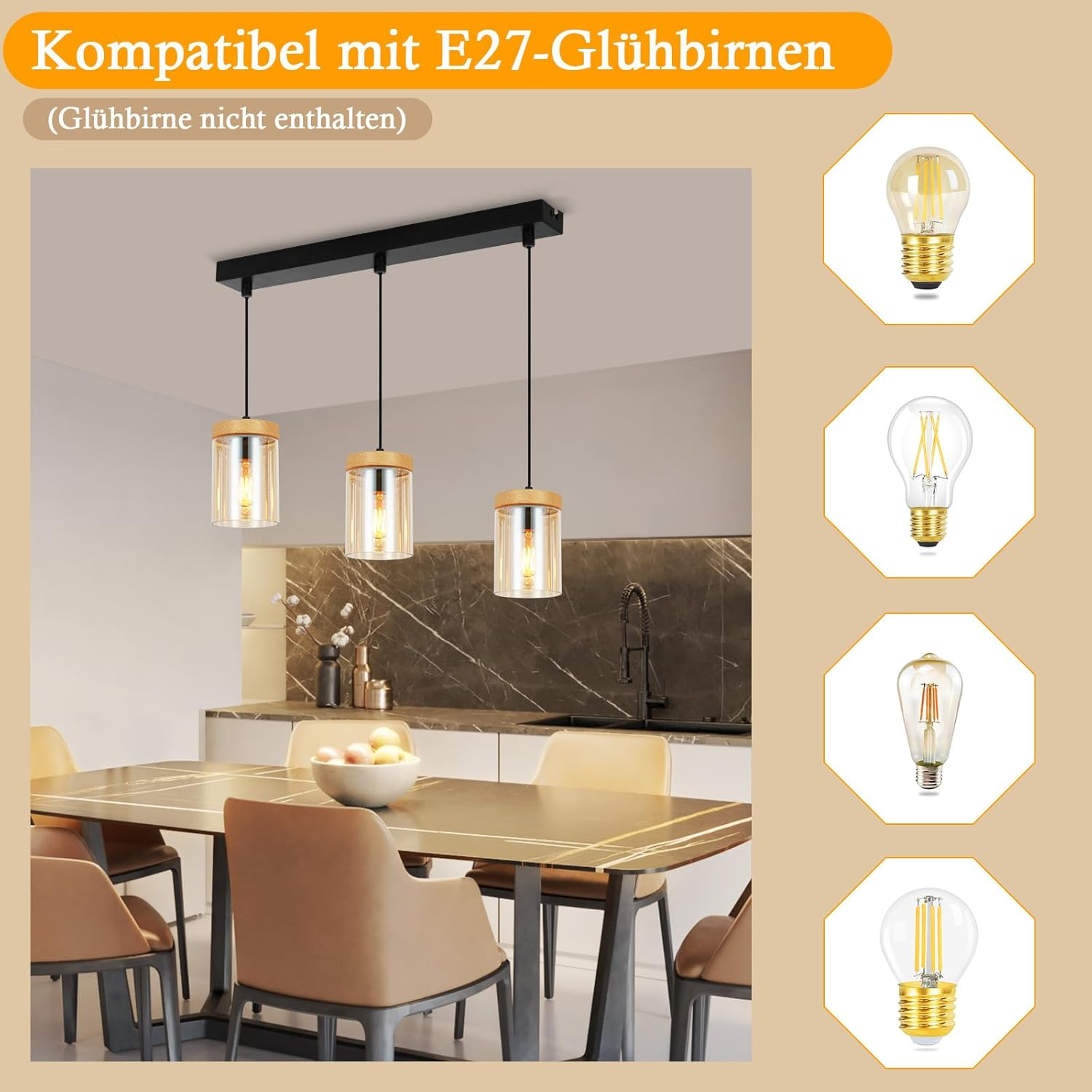 Kronleuchter über einem Esstisch mit drei Lichtern und verschiedenen Glühbirnenoptionen.