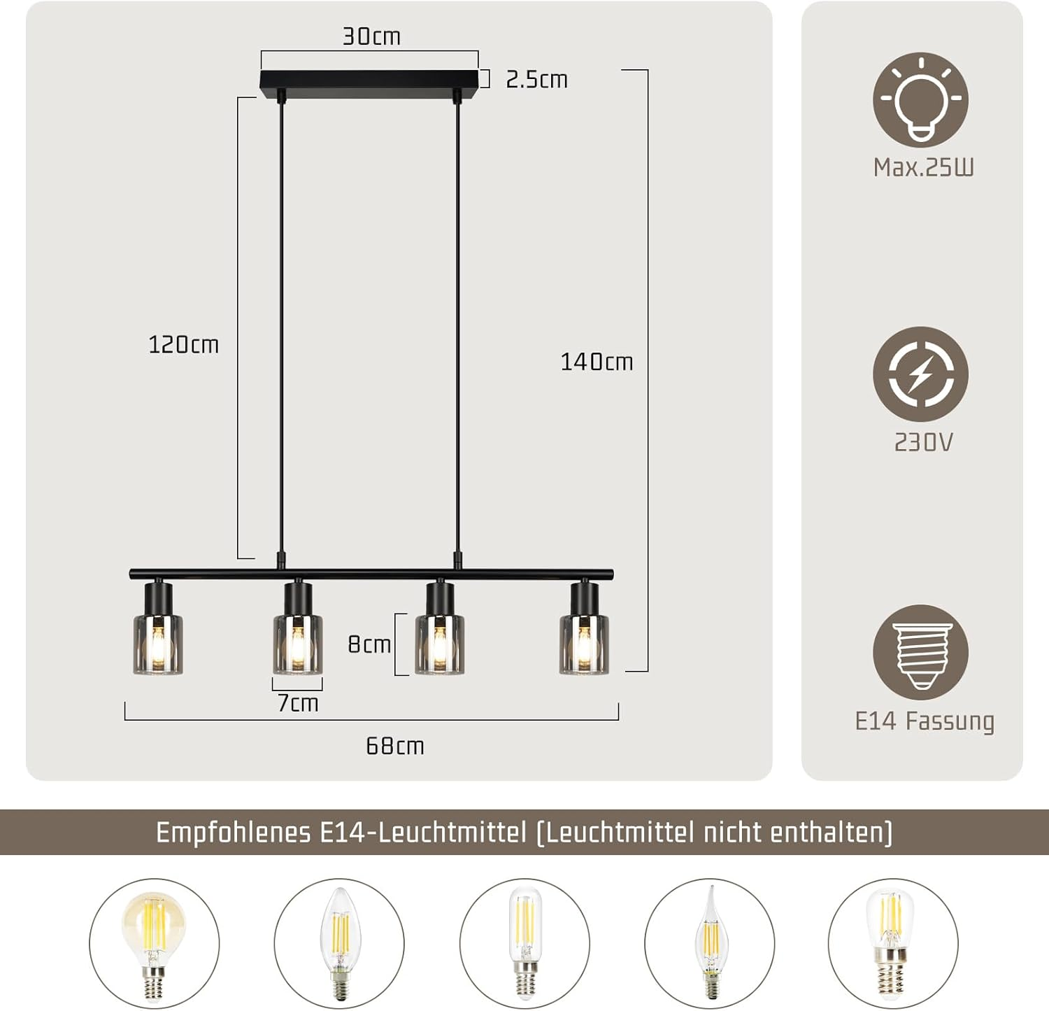 Diagramm einer 4-flammigen Schiene. Maße und Lichtspezifikationen sind beschriftet.