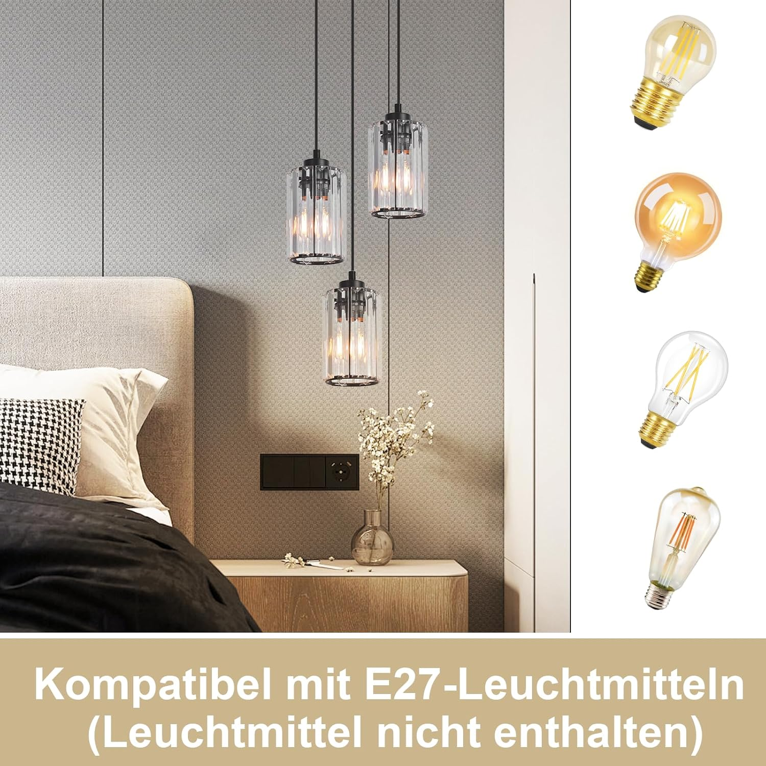 Trzy lampy wiszące z cylindrycznymi szklanymi kloszami i pokazanymi różnymi opcjami żarówek.