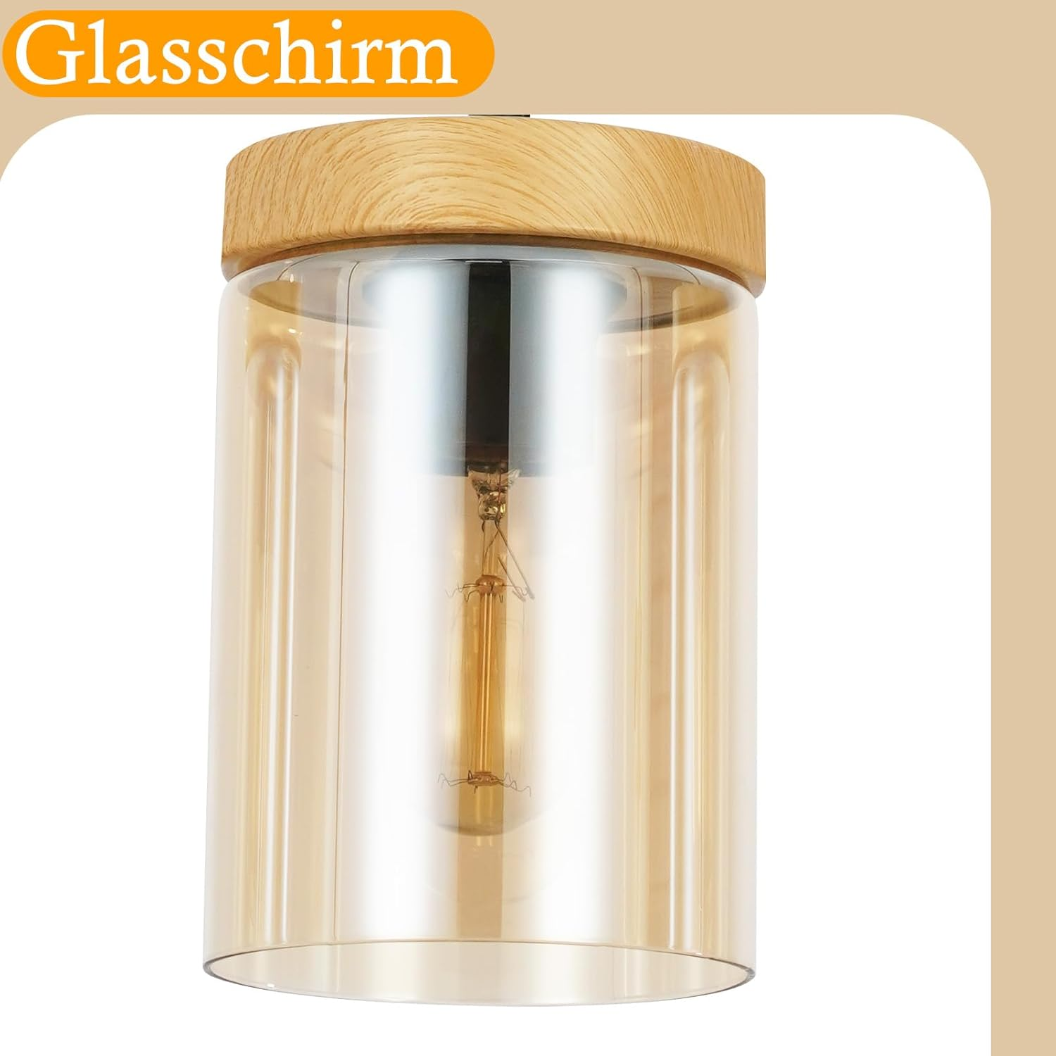 Nahaufnahme einer Lampe mit Holzaufsatz, Glaskörper und sichtbarer Glühbirne.