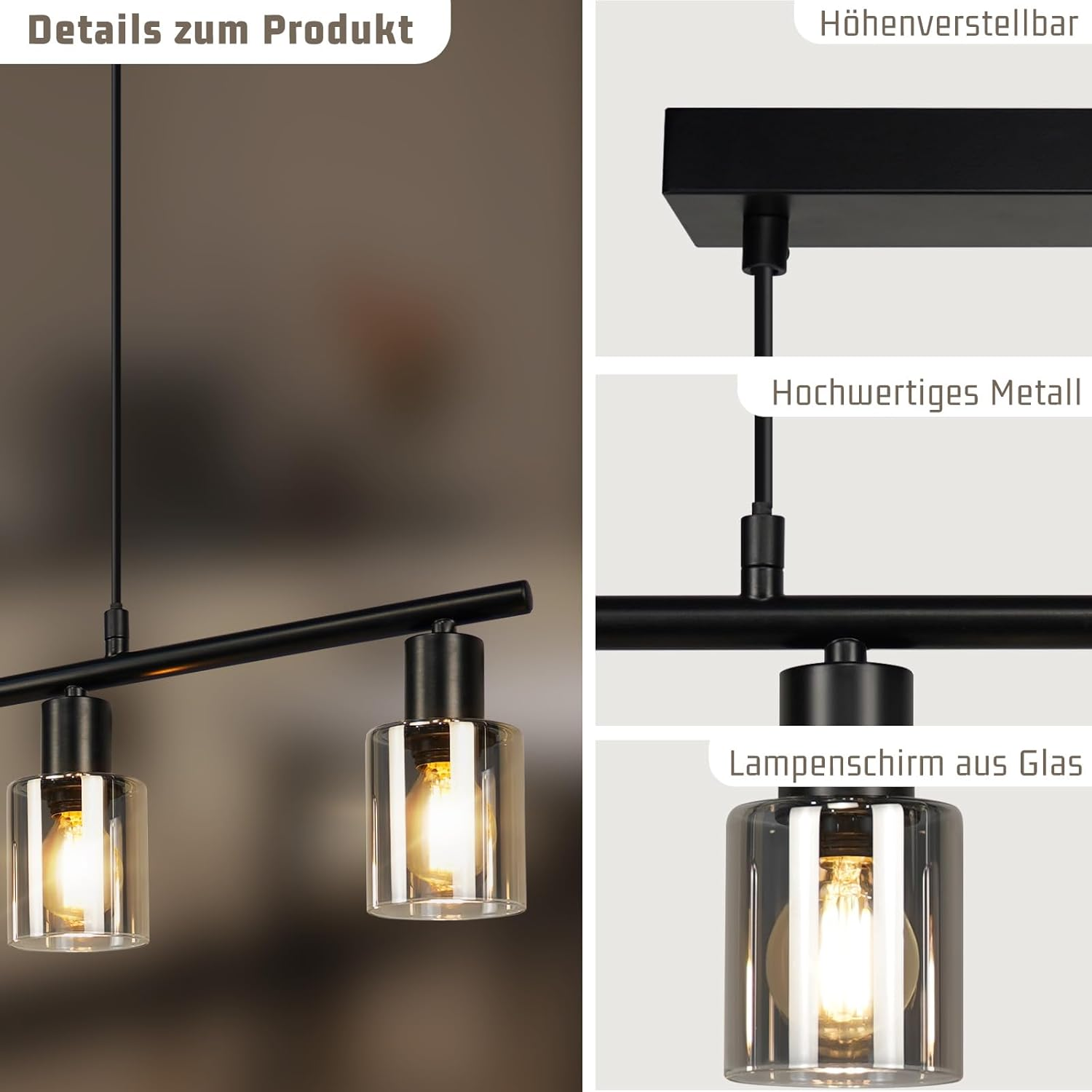 Schwarze Pendelleuchten mit Glasschirmen, Nahaufnahmen der Teile.