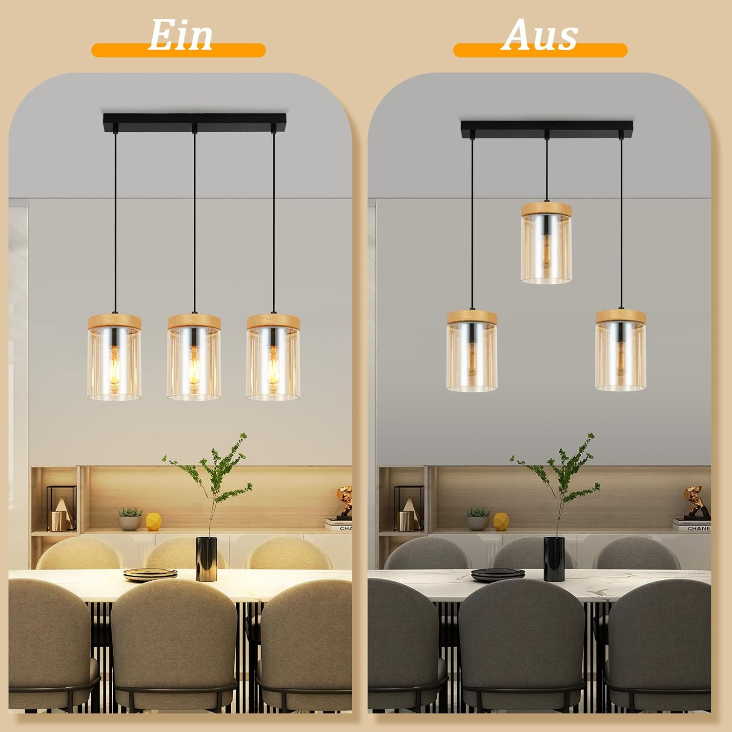 Zwei Sätze Pendelleuchten. Links sind drei Lichter an. Rechts sind zwei an.