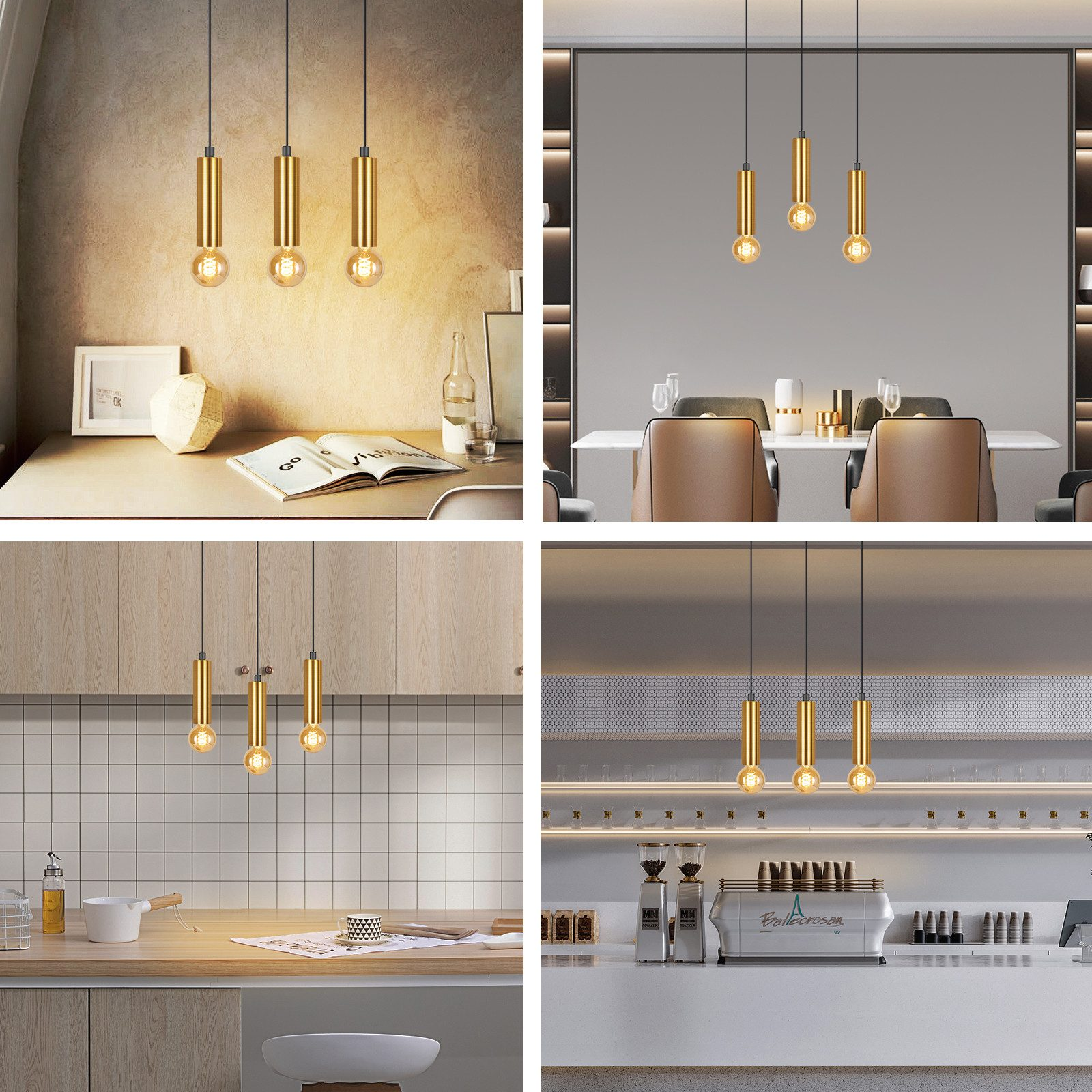 Vier Bilder, die goldene Pendelleuchten in verschiedenen Innenräumen zeigen, alle mit Edison-Glühbirnen.