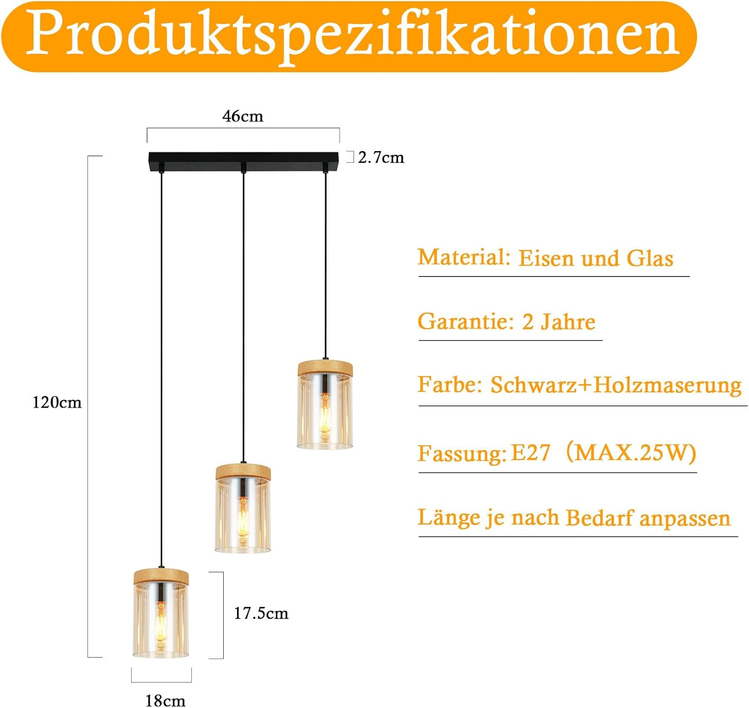 Drei Pendelleuchten mit zylindrischen Schirmen und Holzakzenten, Abmessungen sind angegeben.