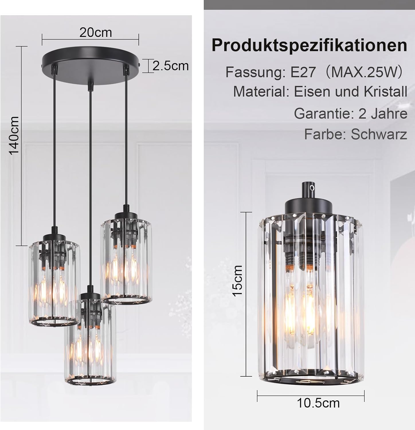 Trzy czarne lampy wiszące z kryształowymi kloszami, pokazane wymiary.