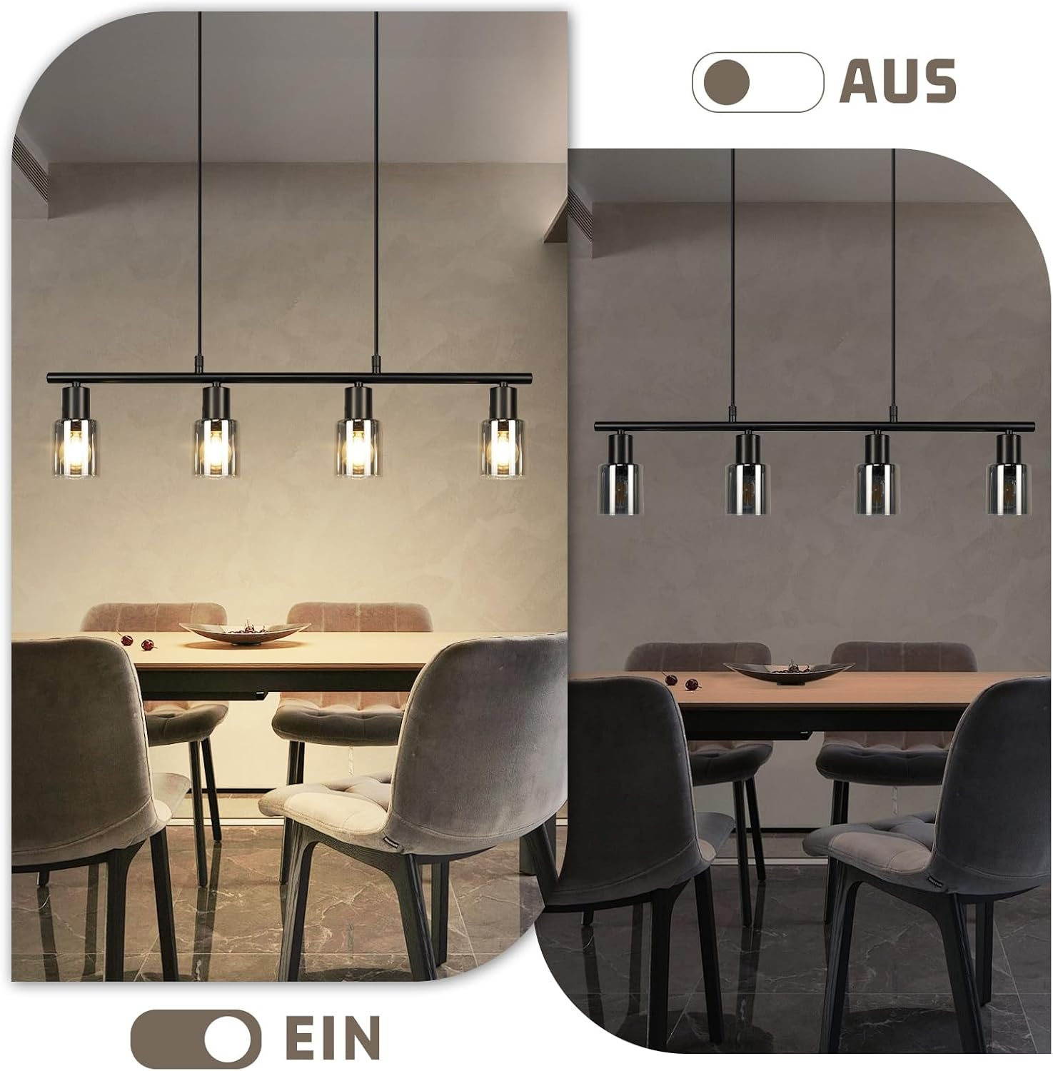 Zwei Bilder zeigen eine schwarze Esszimmer-Leuchte an und aus.