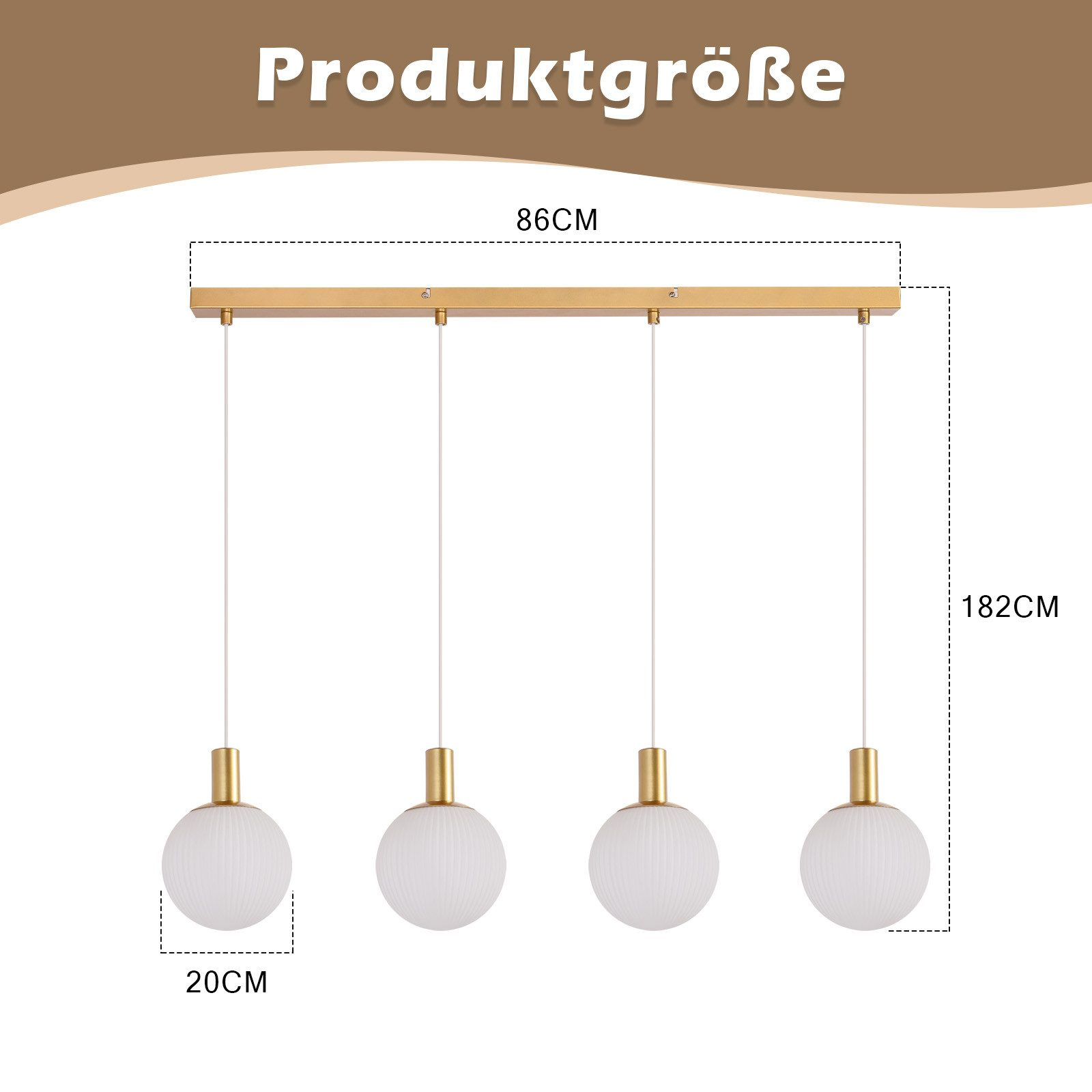 Ein Diagramm mit den Produktabmessungen einer Hängelampe mit vier Kugelleuchten.