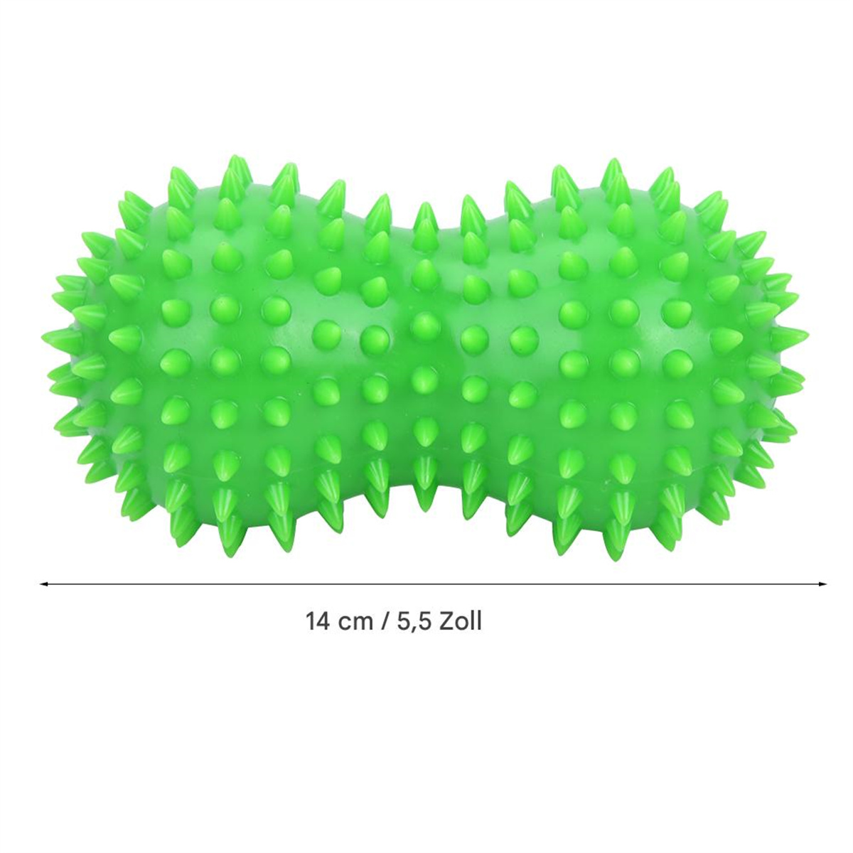 Ein grüner, stacheliger Massageball mit einem Maßetikett.