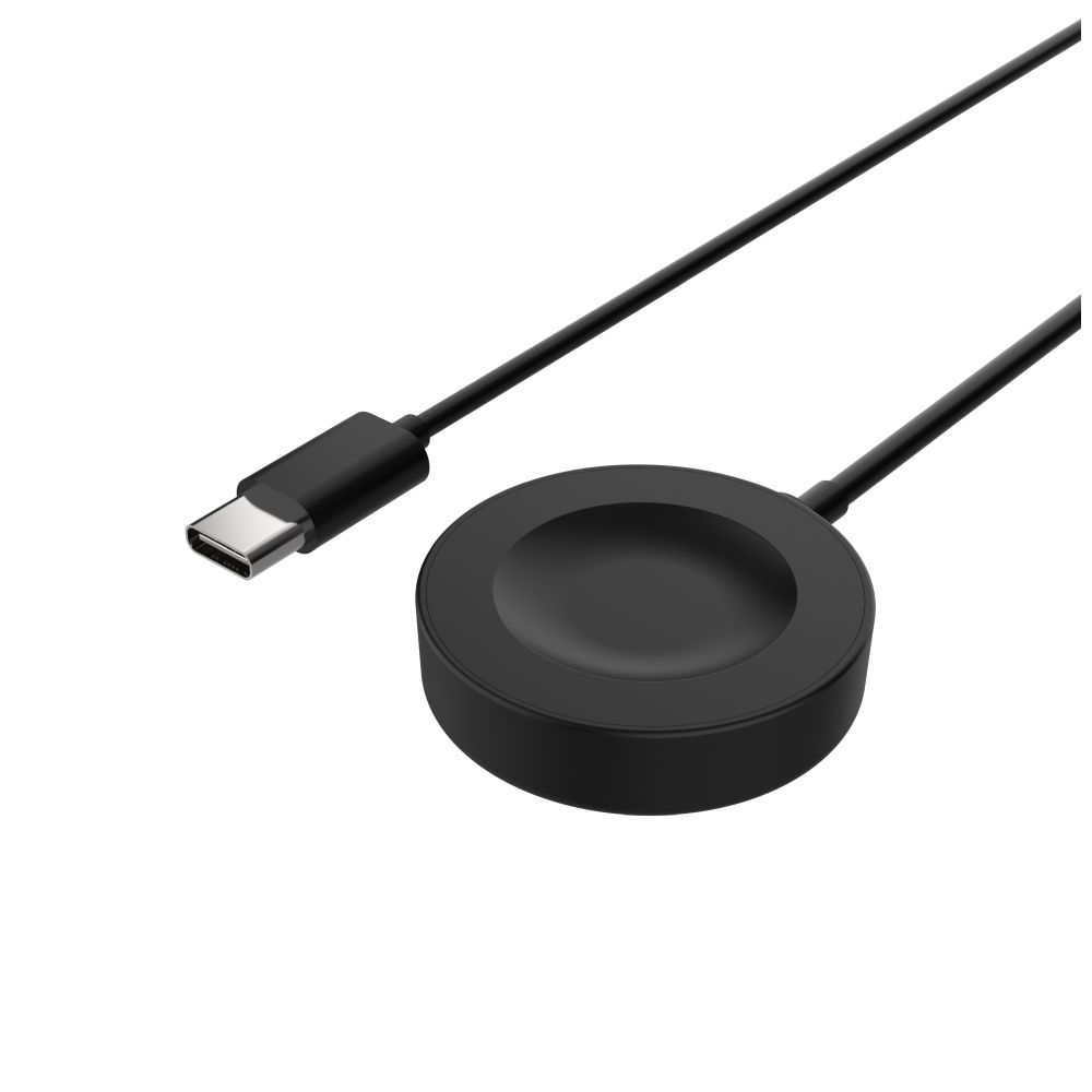 Ein schwarzes Ladekabel für eine Smartwatch mit USB-C-Anschluss und runder Ladestation.