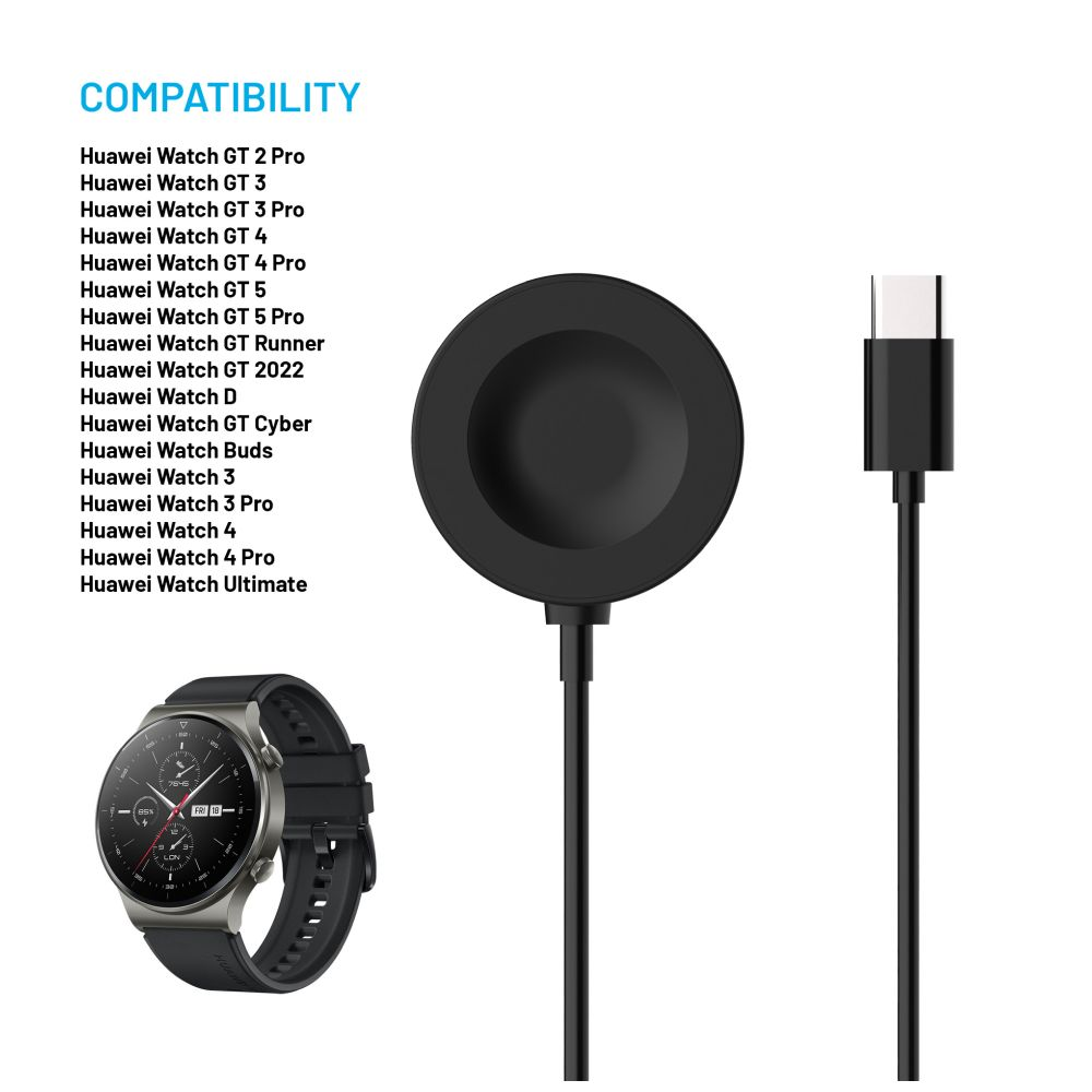 Eine Smartwatch und ein Ladegerät mit einer Liste kompatibler Modelle.