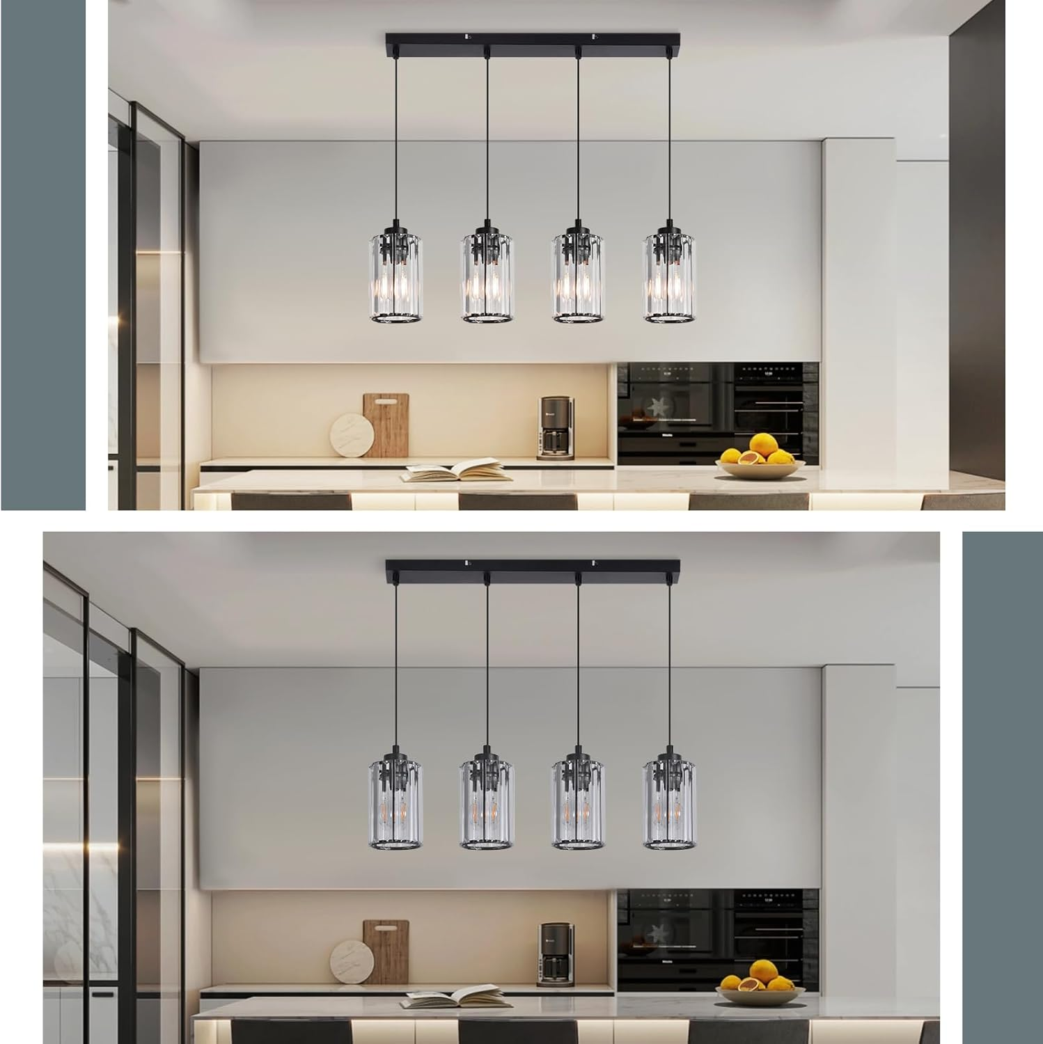 Dos imágenes de una cocina con luces colgantes, encimera blanca y electrodomésticos de acero inoxidable.