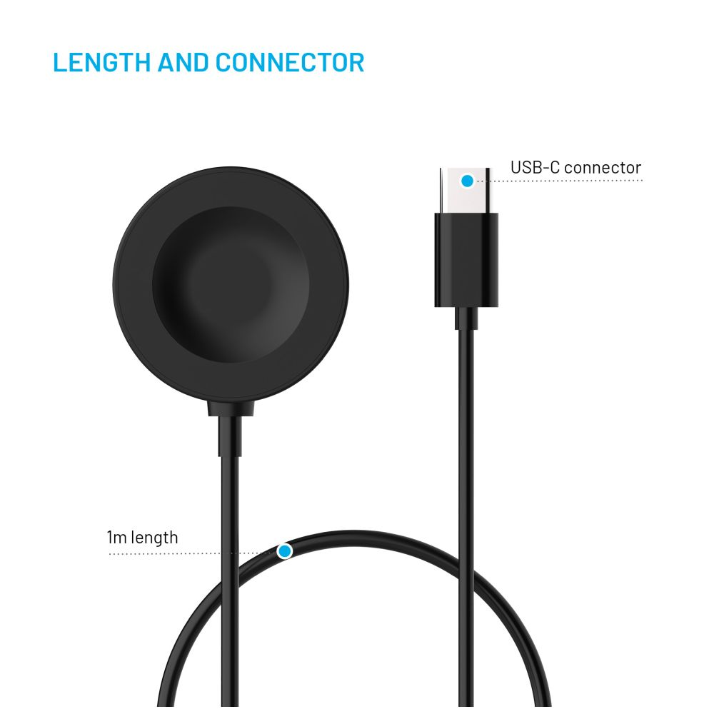 Schwarze Smartwatch-Ladestation und USB-C-Kabel, mit Beschriftungen für Länge und Anschlusstyp.