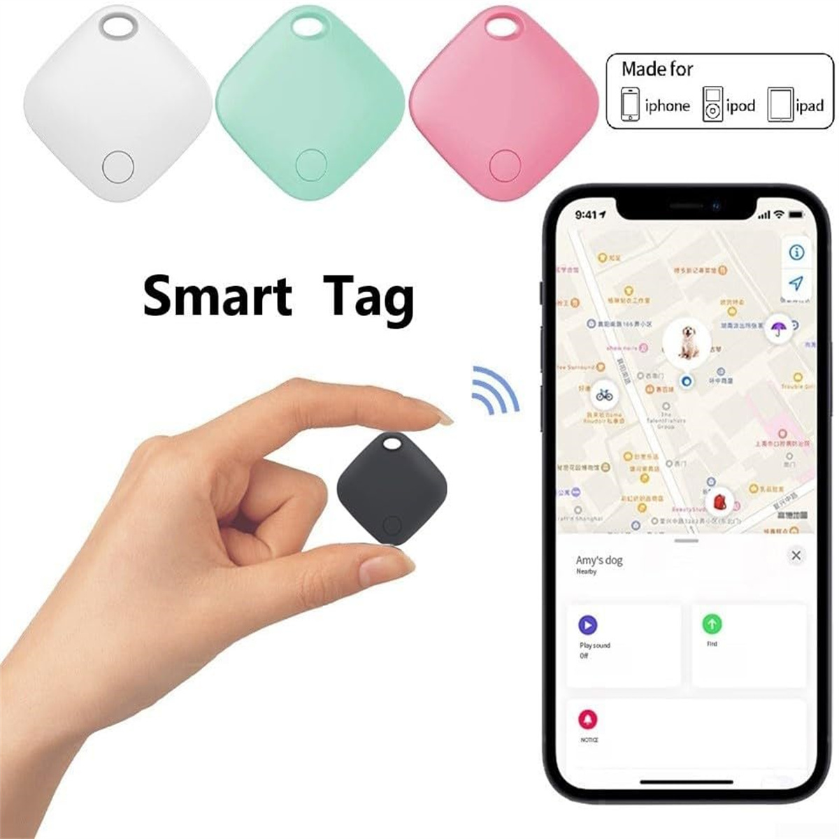 Smart Tag mit drei farbigen Tags, ein Telefon zeigt Karte mit Hunde-Symbol.