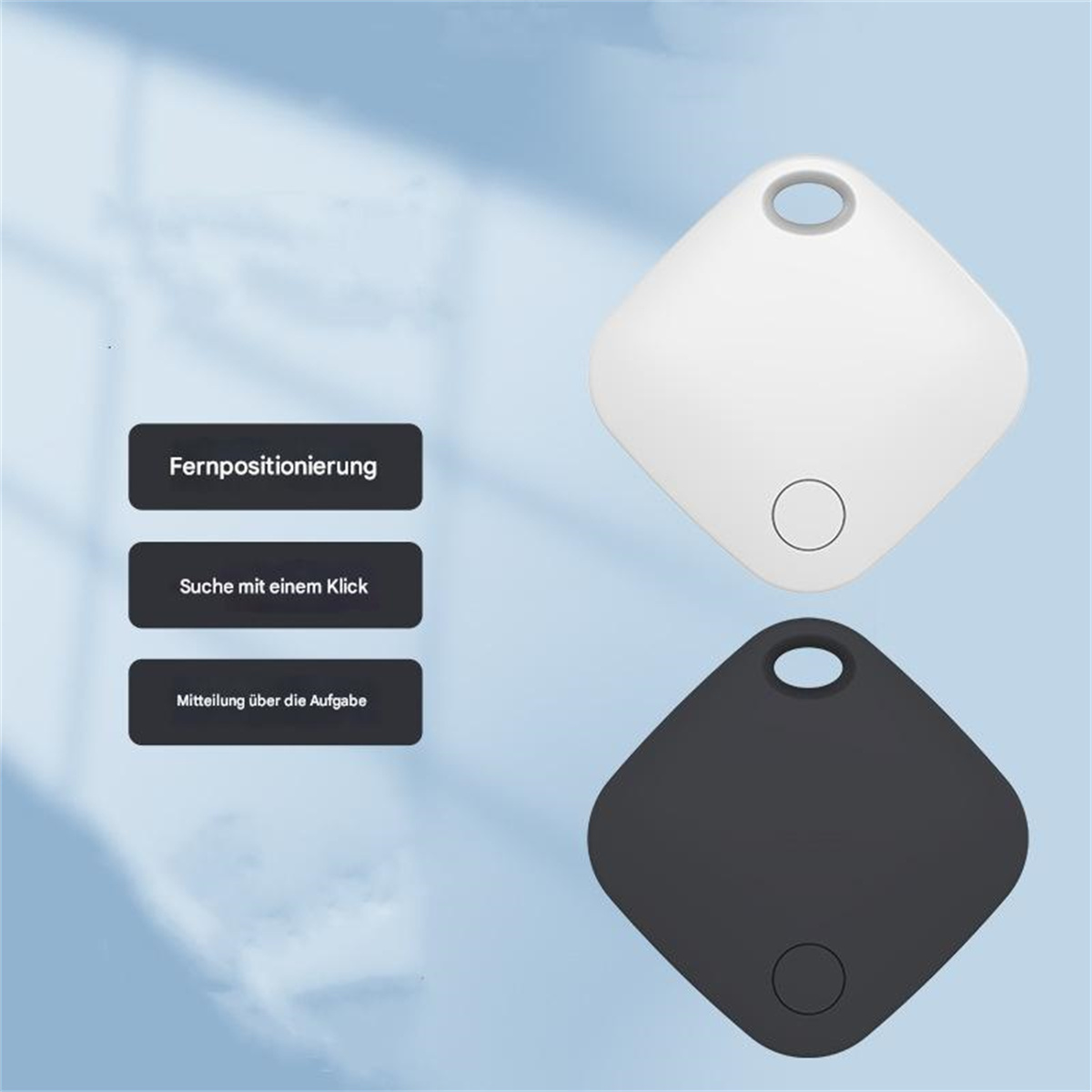 Zwei weiße und schwarze quadratische Tracker mit Text: Fernpositionierung, Suche mit einem Klick, Mitteilung über die Aufgabe.