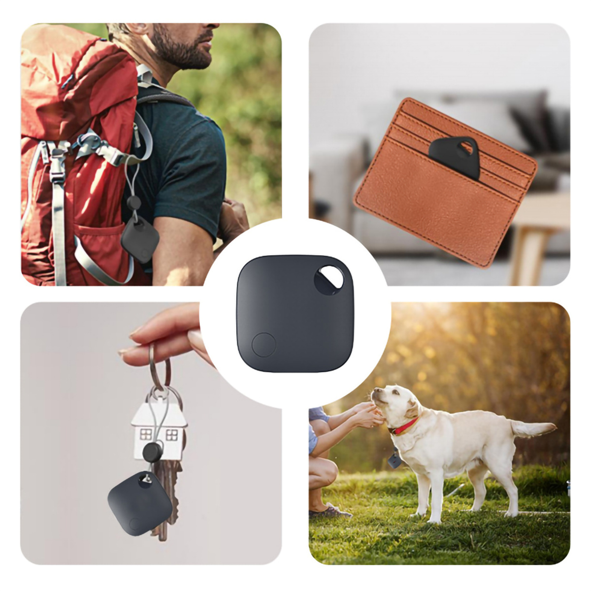 Ein Tracker in verschiedenen Umgebungen: an Schlüsseln, in einer Brieftasche, an einem Rucksack und mit einem Hund.