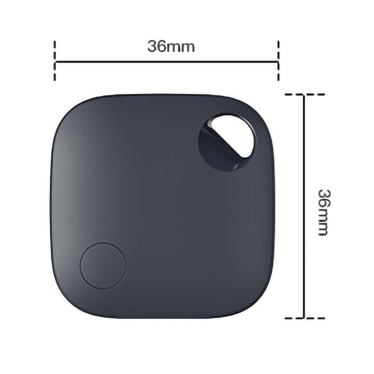 Ein schwarzer quadratischer Tracker. Es hat ein Loch und einen Knopf. Die Abmessungen sind 36 mm x 36 mm.