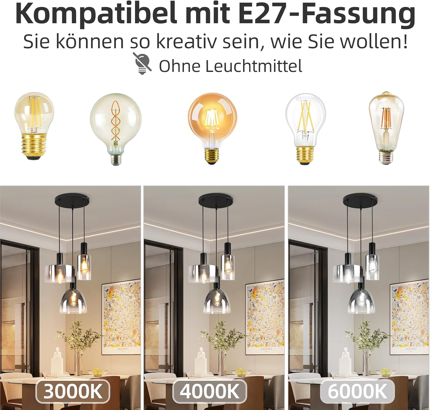 Verschiedene Glühbirnen und Pendelleuchten mit unterschiedlichen Farbtemperaturen, über einem Esstisch gezeigt.