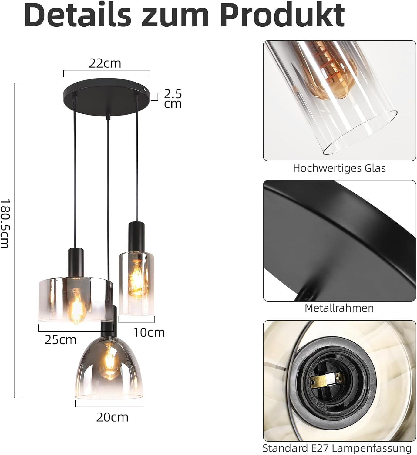 Details einer dreiflammigen Pendelleuchte, die Abmessungen und Nahaufnahmen von Glas und Rahmen zeigt.