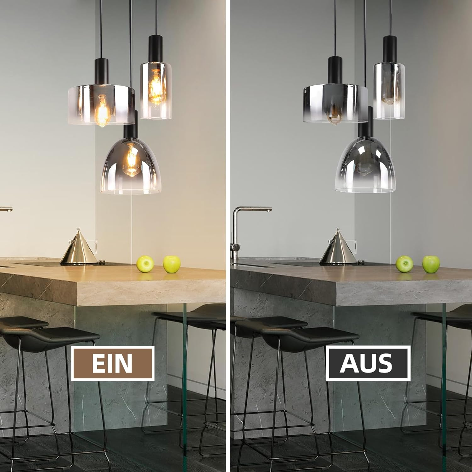 Küchenszene, zwei Pendelleuchten an und aus. Grüne Äpfel und Barhocker. Licht- und Schattenkontrast.